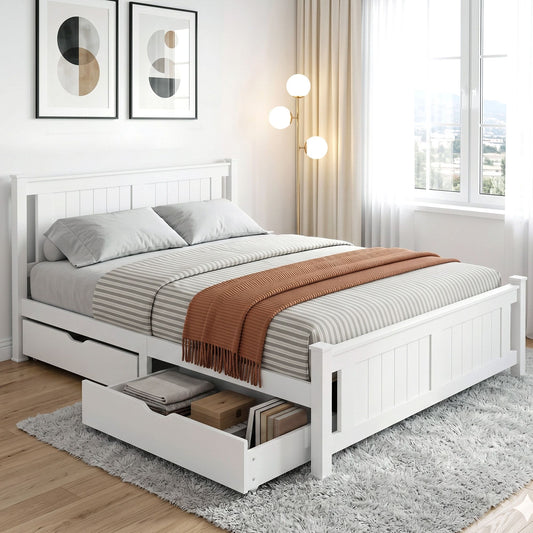 Mellow Bed Frame Wooden Platform with 2 Storage Drawers - White Queen