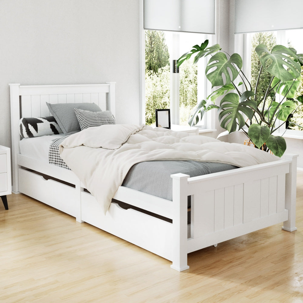 Mystique Wooden Bed Frame Timber with Storage Drawers - White Single