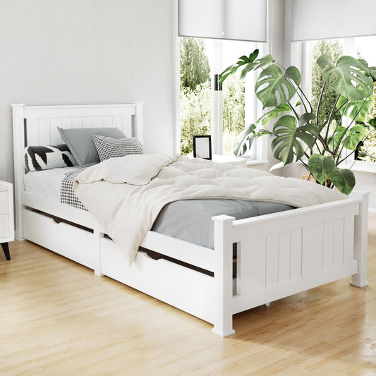 Mystique Wooden Bed Frame Timber with Storage Drawers - White Single