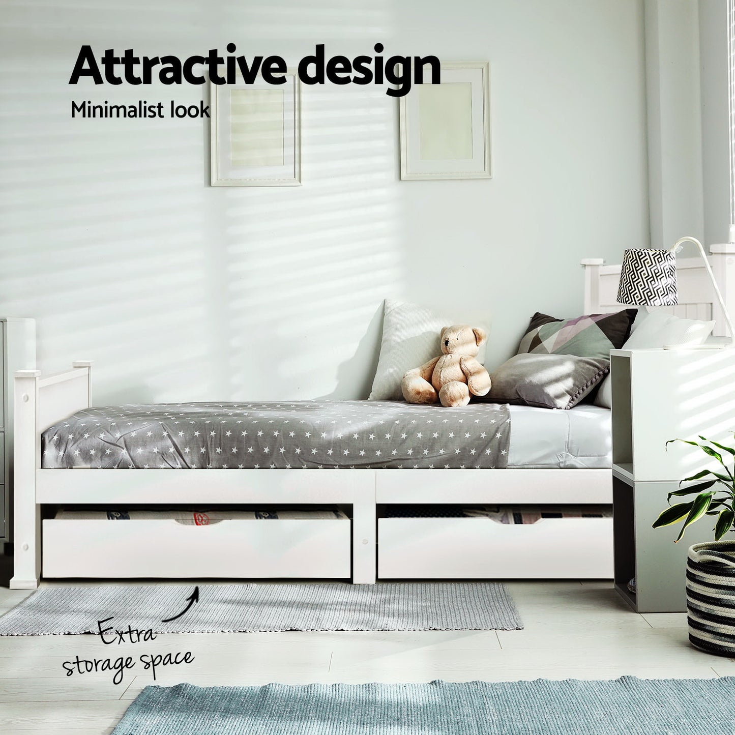 Mystique Wooden Bed Frame Timber with Storage Drawers - White Single
