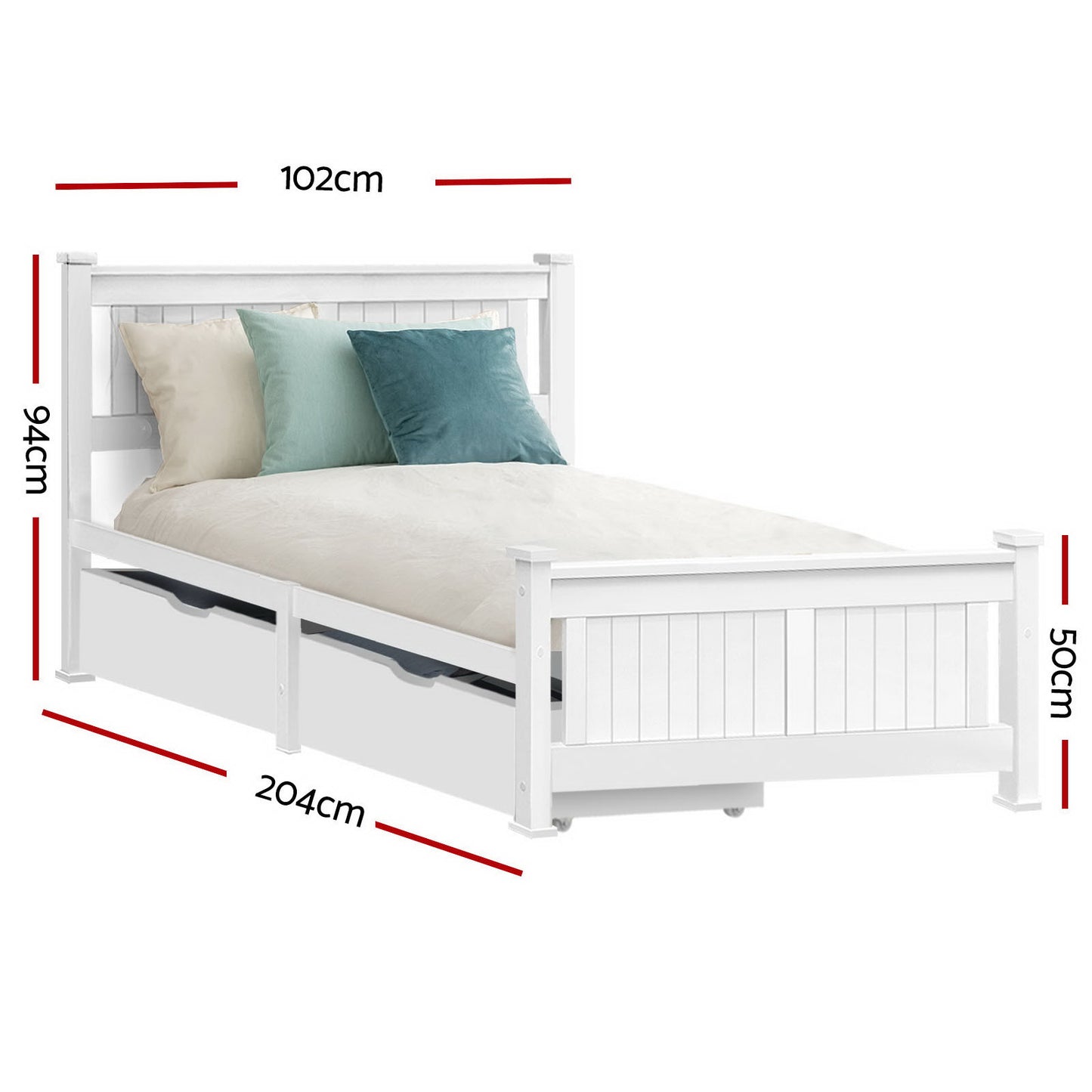 Mystique Wooden Bed Frame Timber with Storage Drawers - White Single