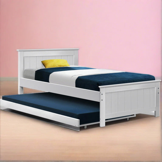 Trudy Trundle Bed Frame Timber Slat - White King Single