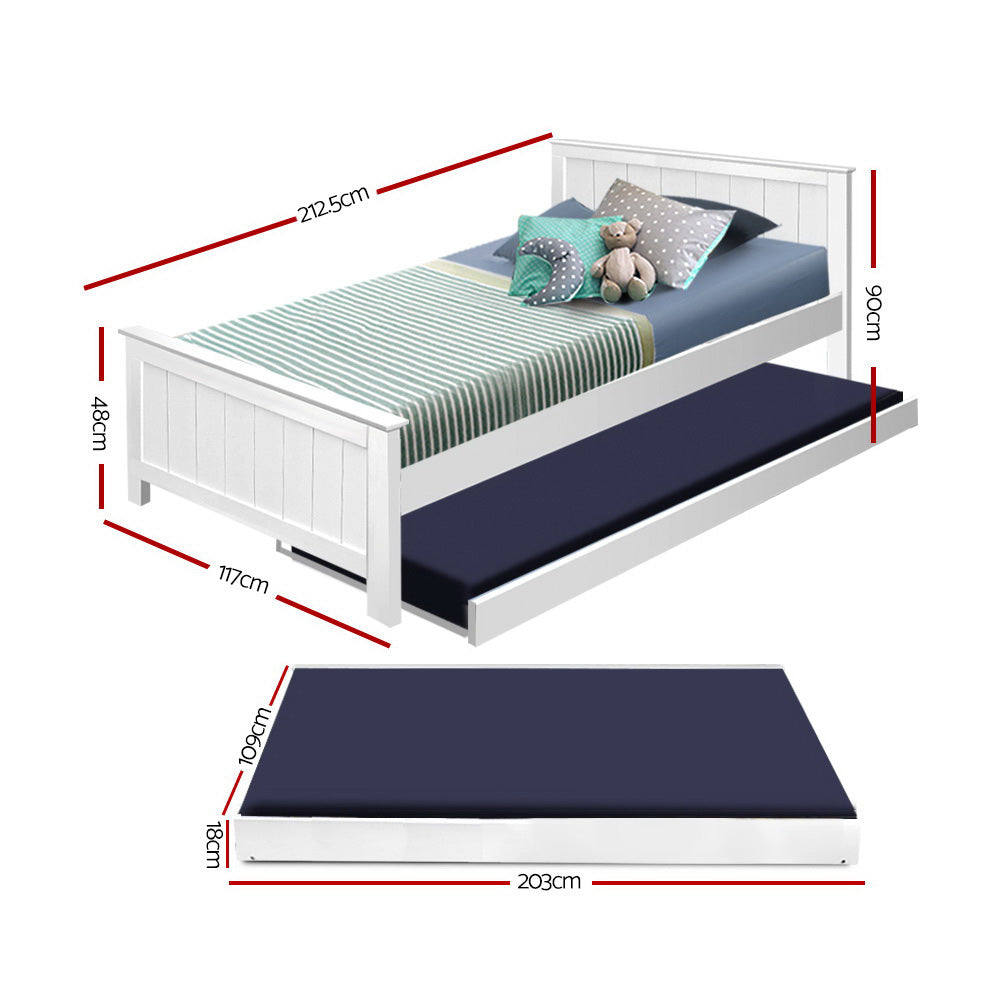Trudy Trundle Bed Frame Timber Slat - White King Single
