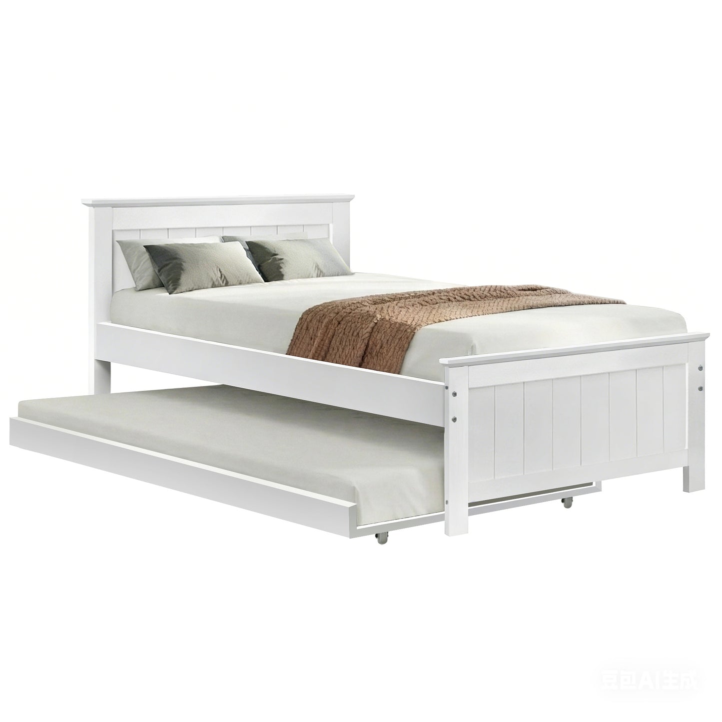 Trudy Trundle Bed Frame Timber Slat - White King Single