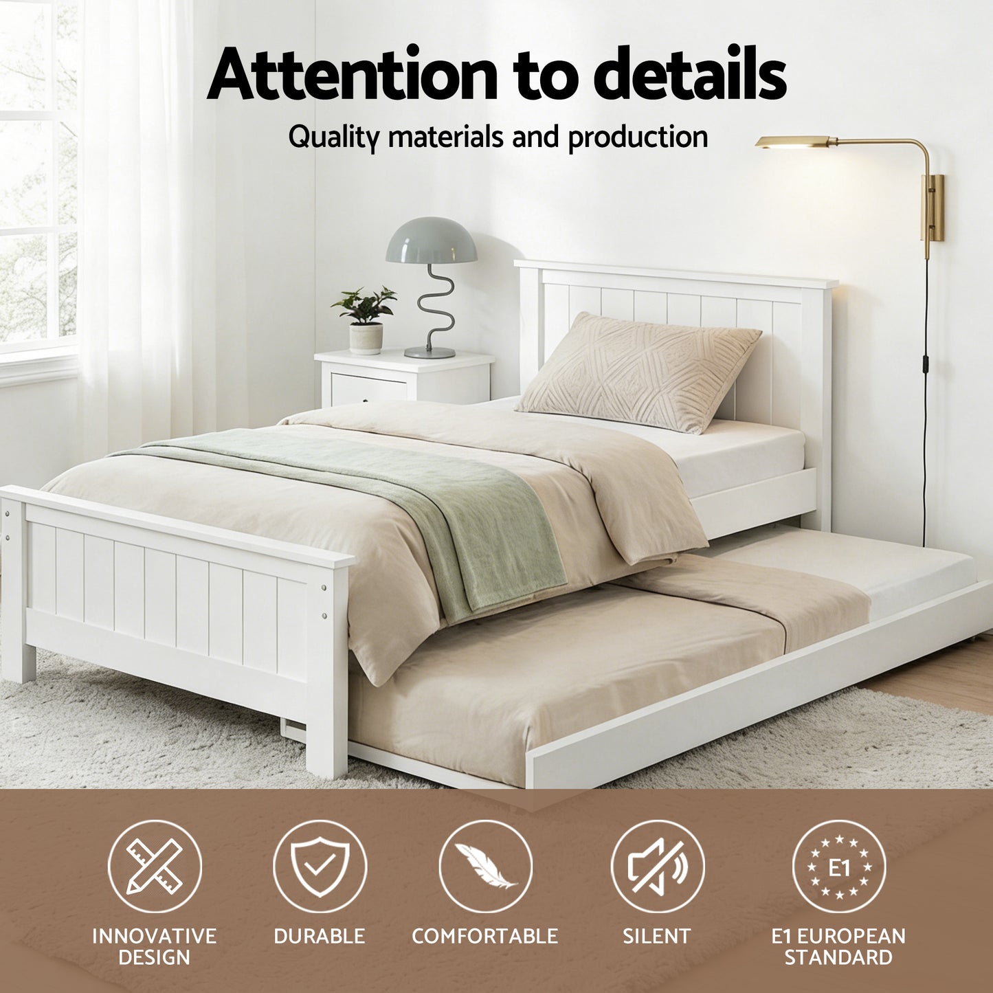 Trudy Trundle Bed Frame Timber Slat - White King Single