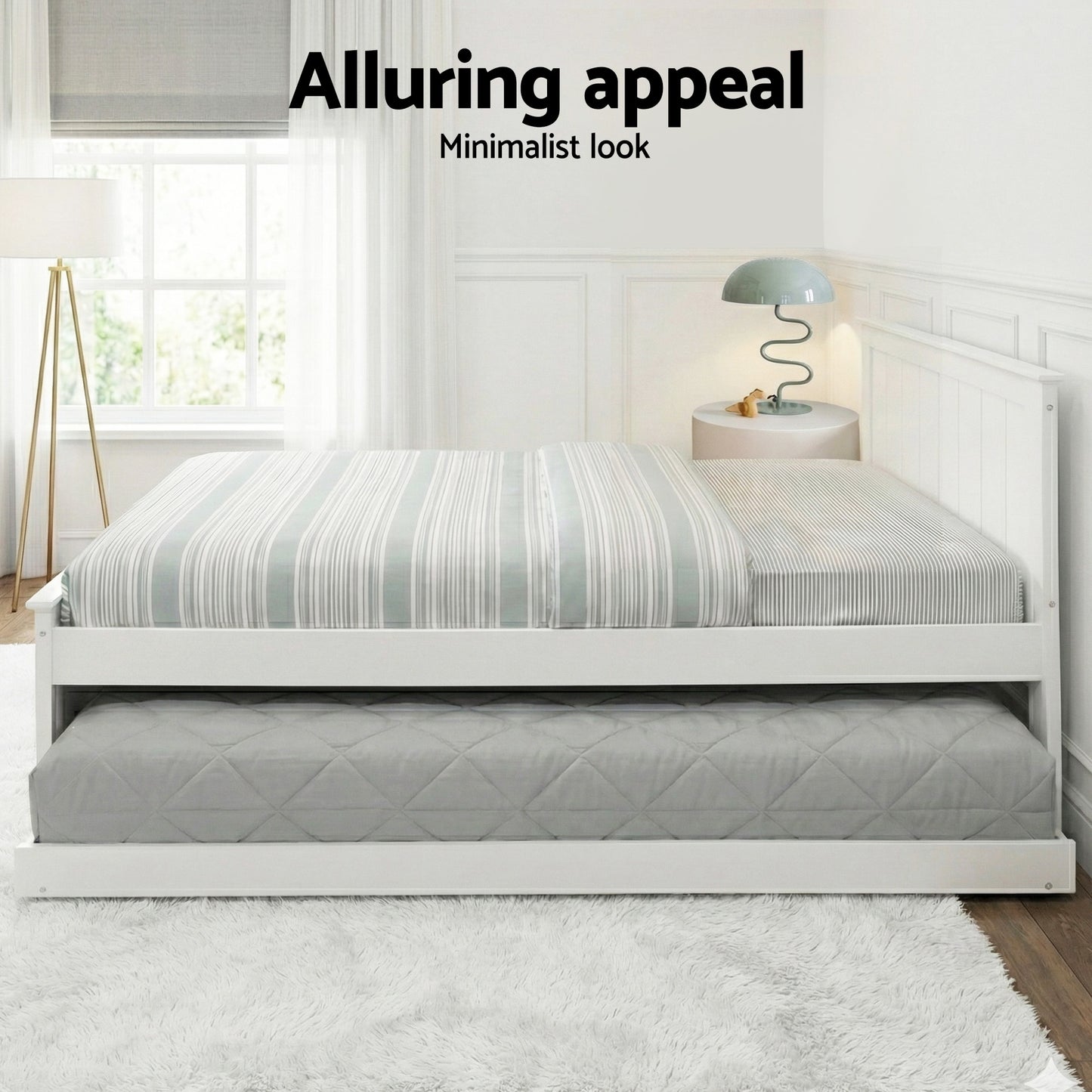 Trudy Trundle Bed Frame Timber Slat - White King Single