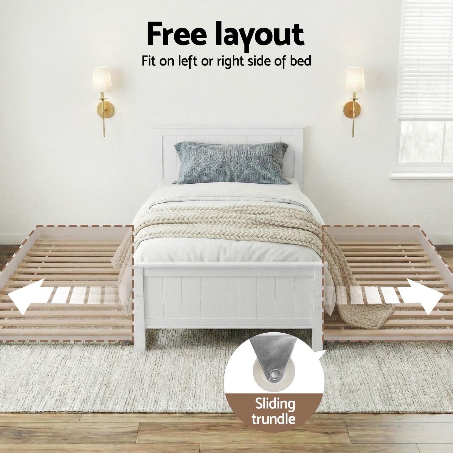 Trudy Trundle Bed Frame Timber Slat - White King Single