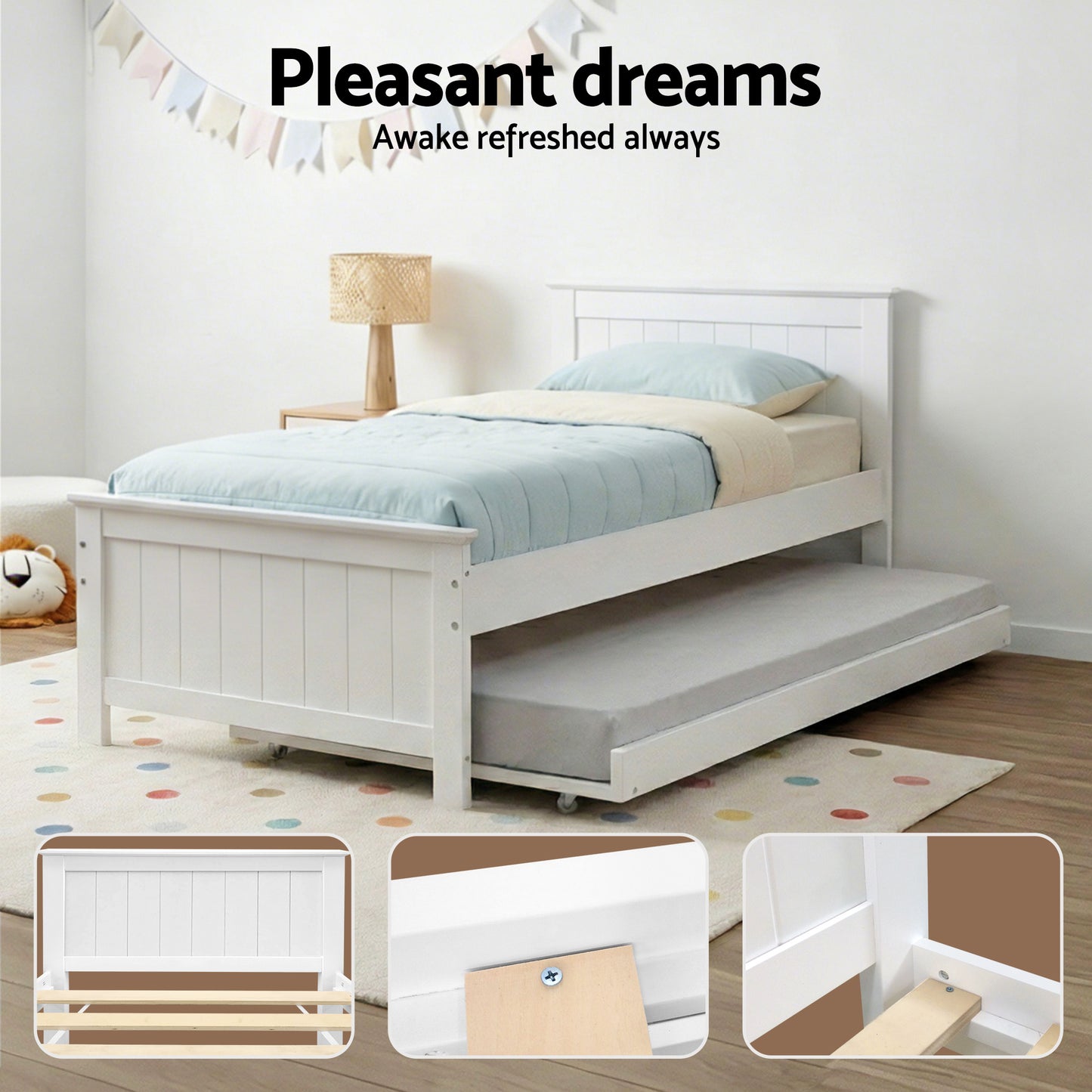 Trudy Trundle Bed Frame Timber Slat - White King Single