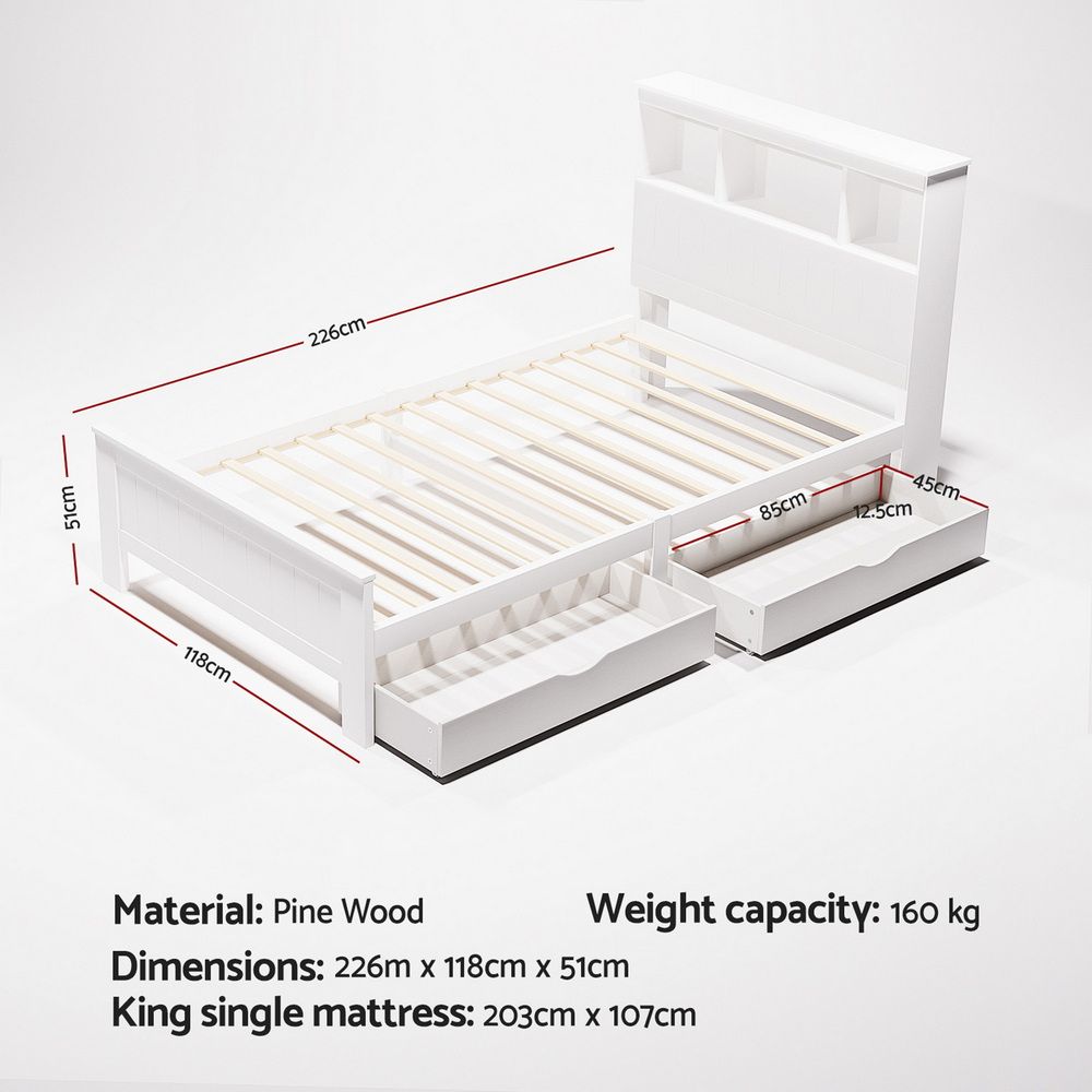 Glowra Bed Frame Wooden with 2 Storage Drawers - White King Single