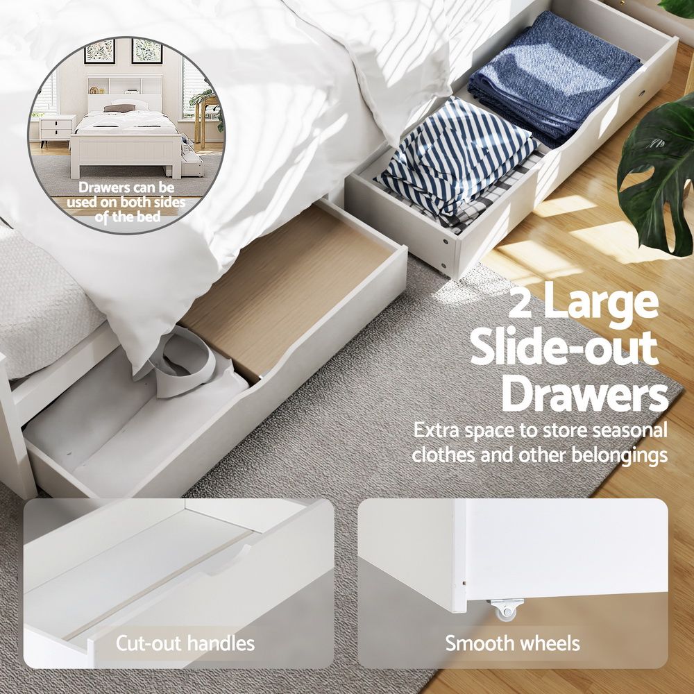 Glowra Bed Frame Wooden with 2 Storage Drawers - White King Single