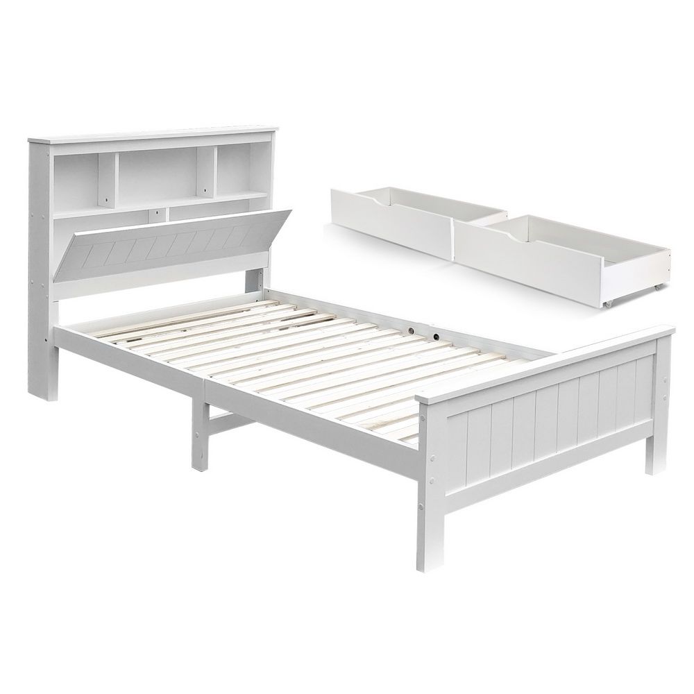 Glowra Bed Frame Wooden with 2 Storage Drawers - White King Single