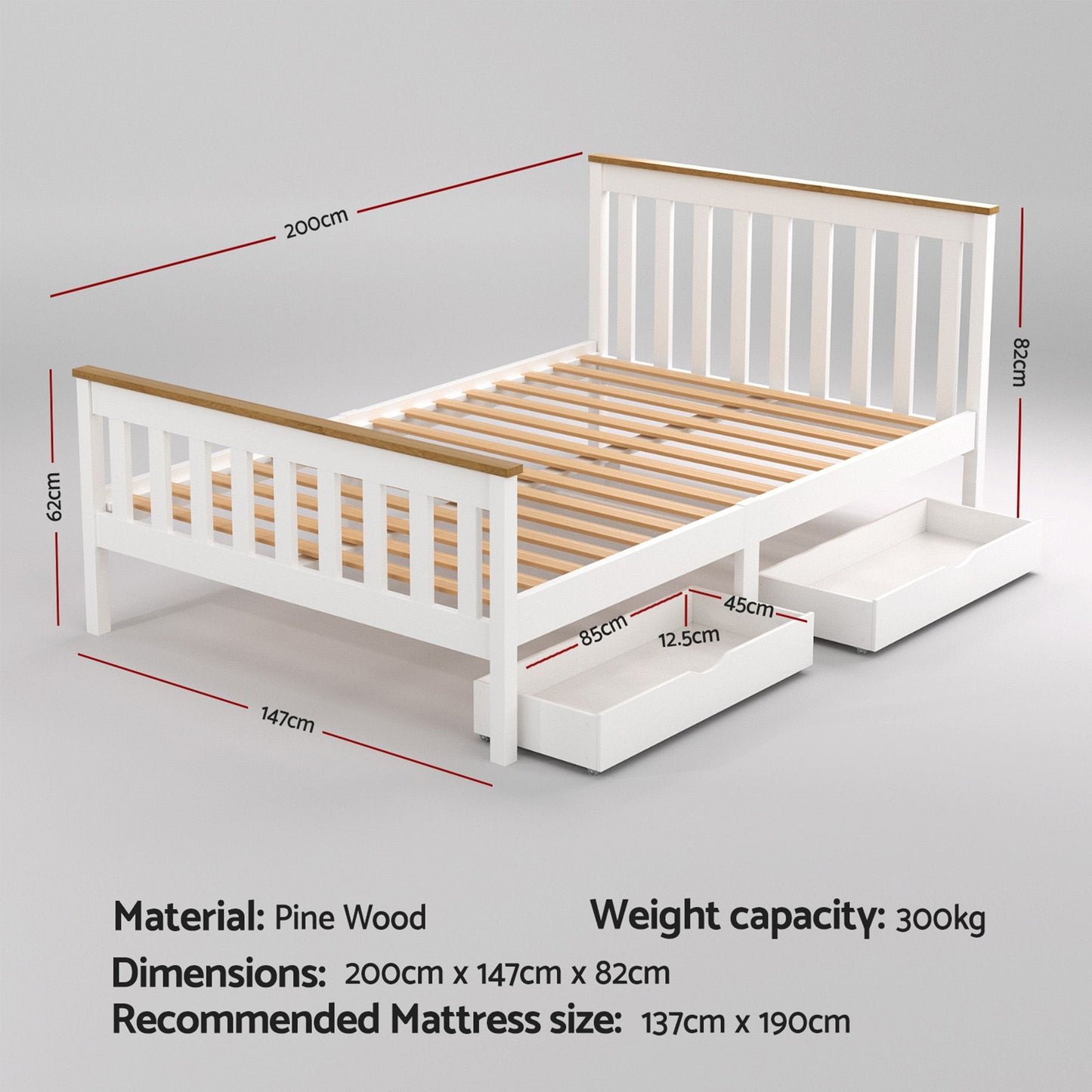 Breeze Bed Frame Wooden Platform with 2 Storage Drawers - White Double