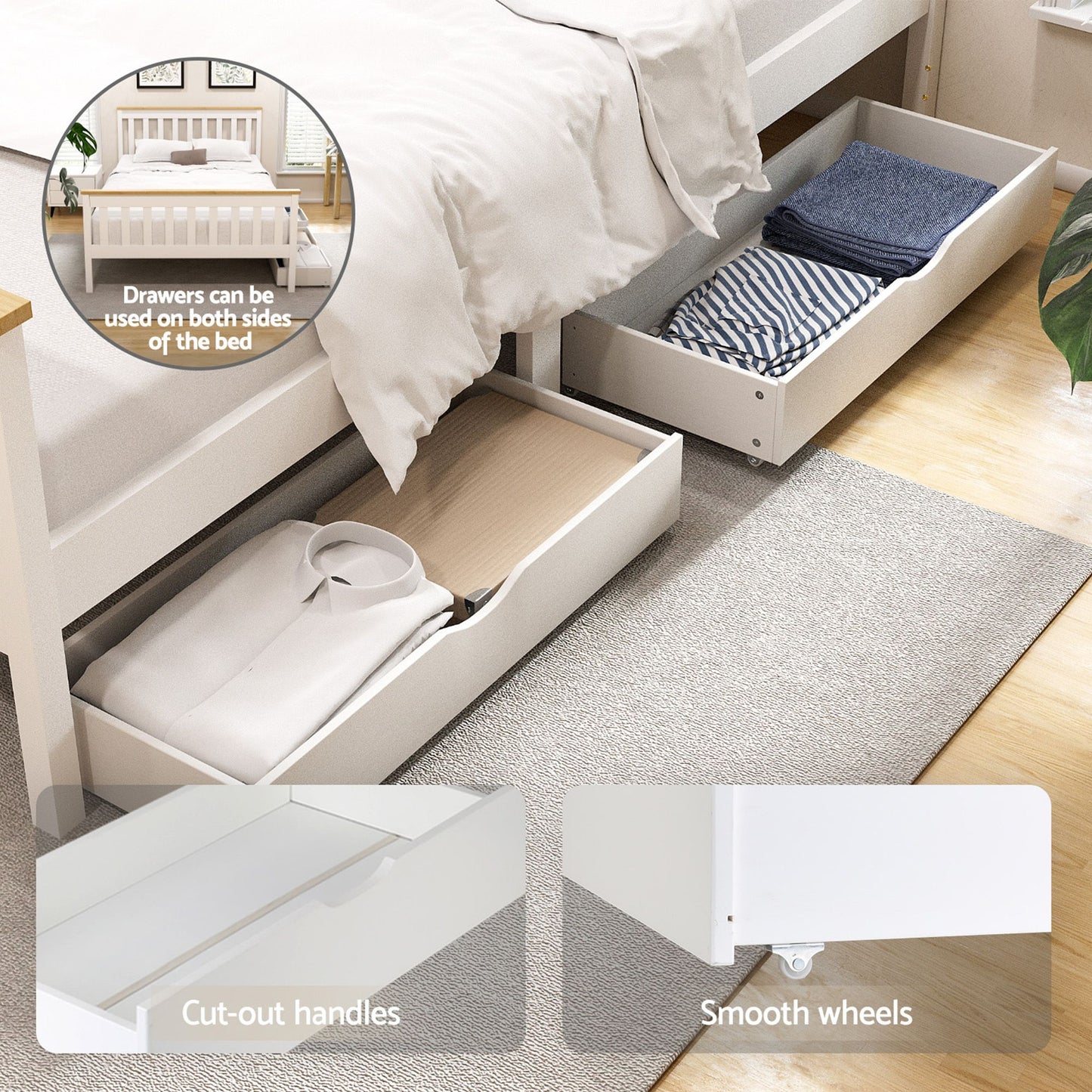 Breeze Bed Frame Wooden Platform with 2 Storage Drawers - White Double