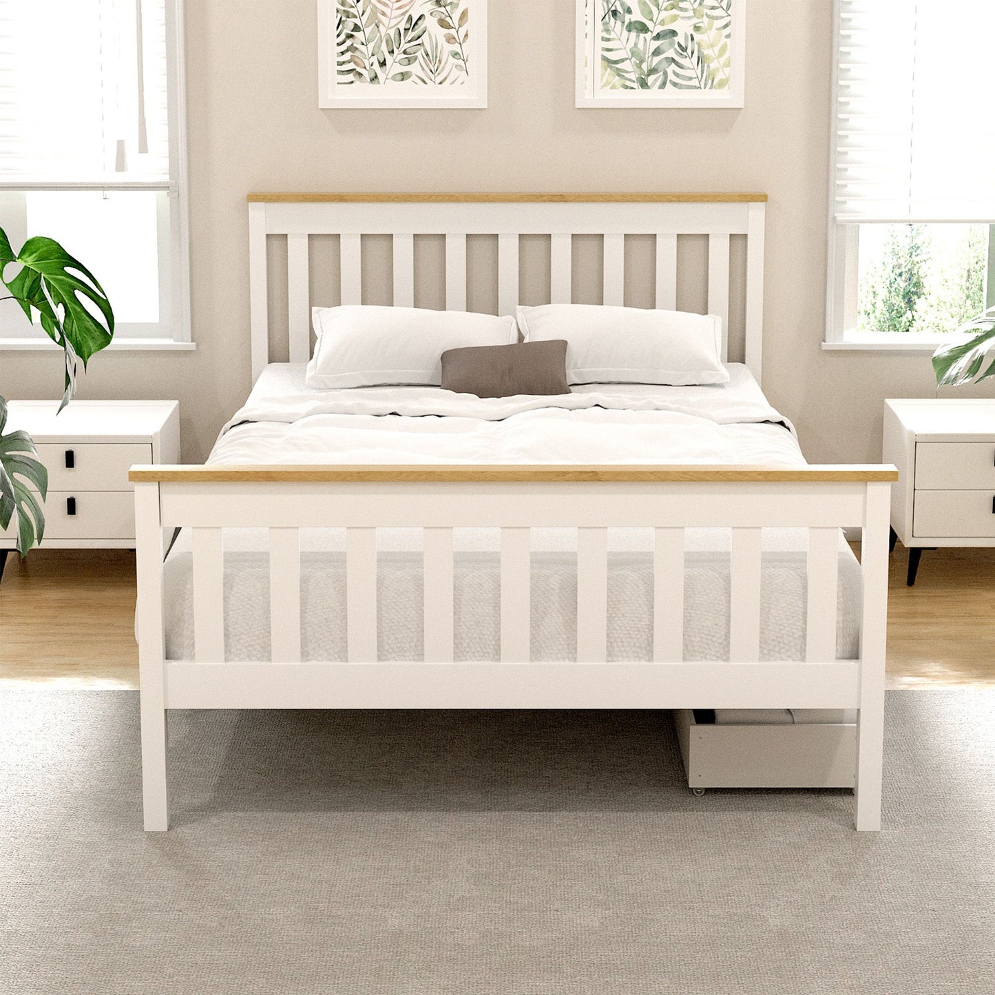 Breeze Bed Frame Wooden Platform with 2 Storage Drawers - White Double