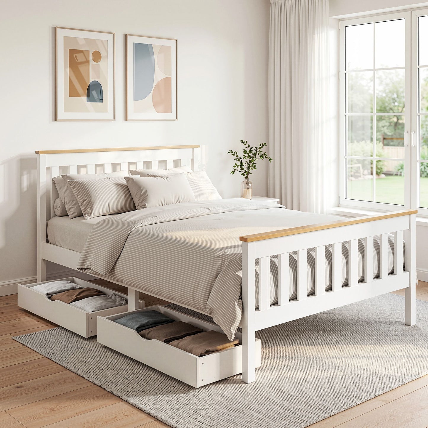 Breeze Bed Frame Wooden Platform with 2 Storage Drawers - White Double