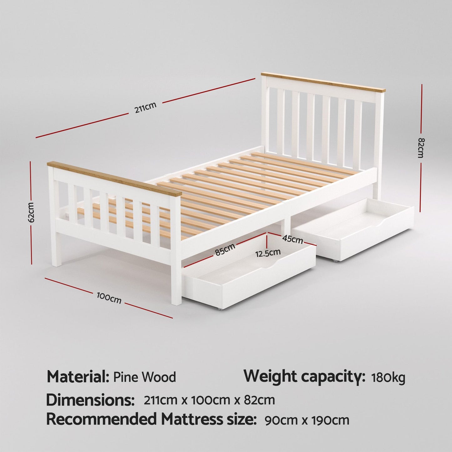 Breeze Bed Frame Wooden Platform with 2 Storage Drawers - White Single