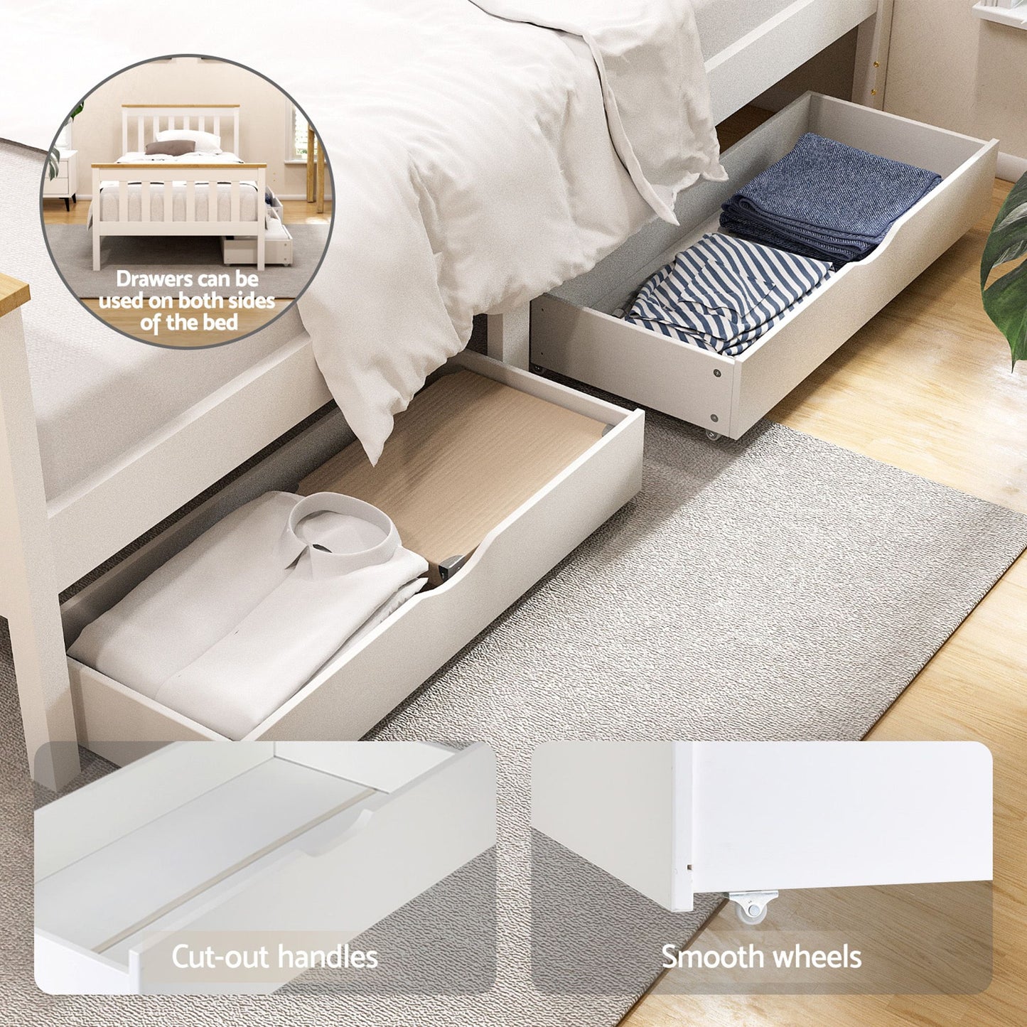 Breeze Bed Frame Wooden Platform with 2 Storage Drawers - White Single
