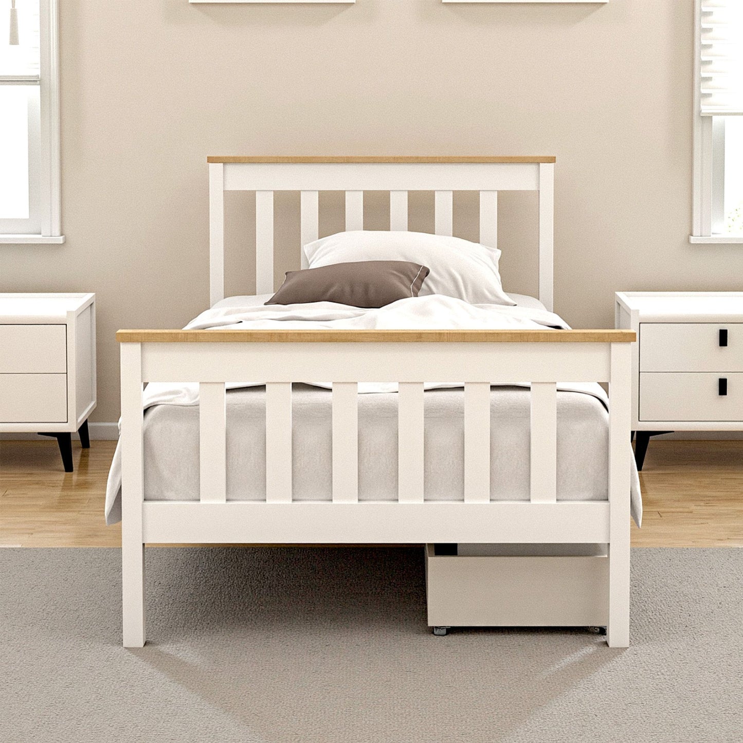 Breeze Bed Frame Wooden Platform with 2 Storage Drawers - White Single