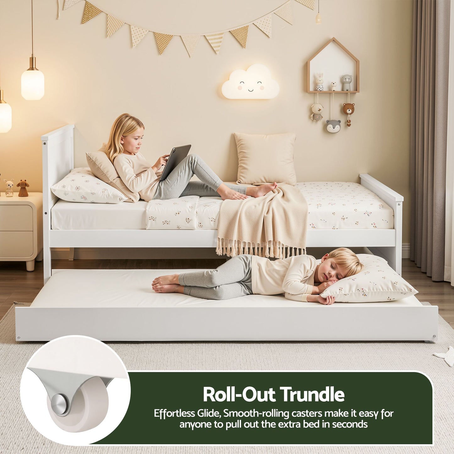 Malta Bed Frame with Trundle Solid Wood Toddler Bunk Bed with Headboard - White Single
