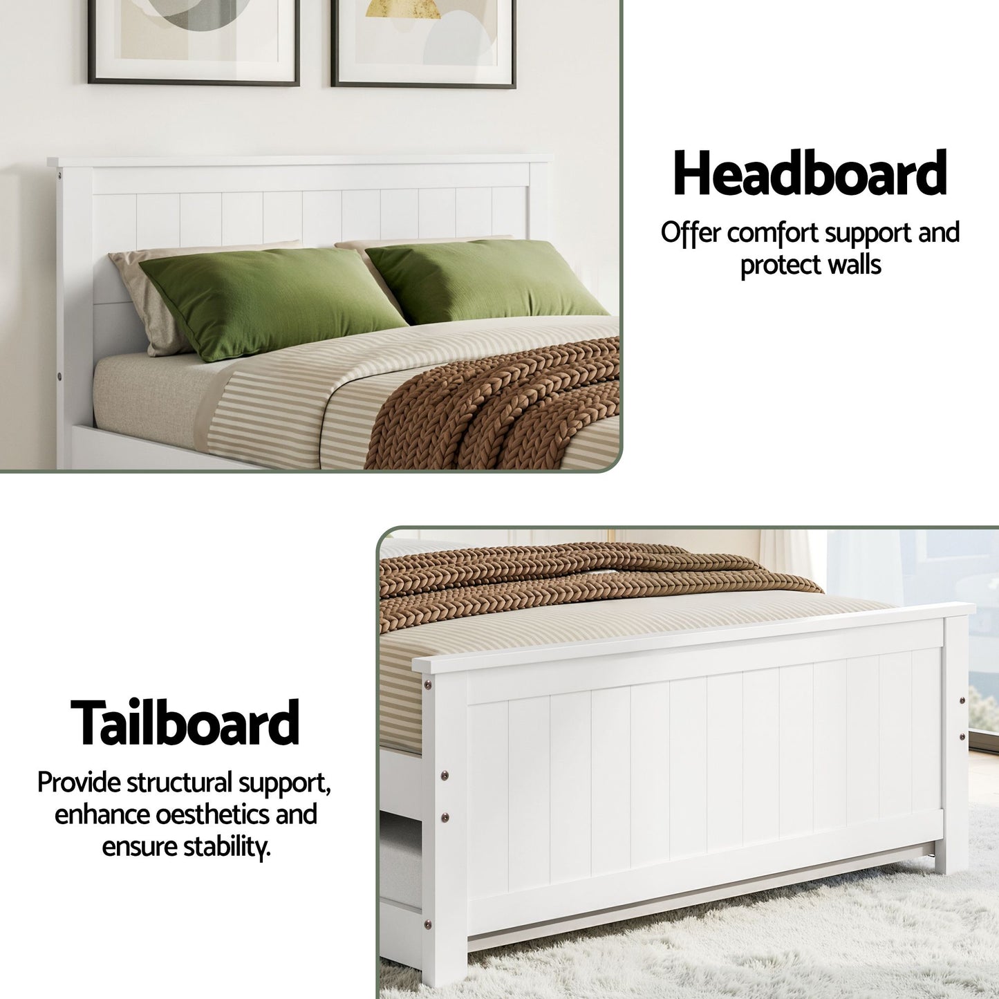 Malta Bed Frame with Trundle Solid Wood Toddler Bunk Bed with Headboard - White Single