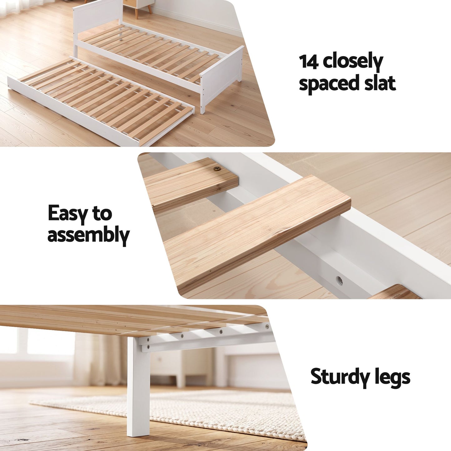 Malta Bed Frame with Trundle Solid Wood Toddler Bunk Bed with Headboard - White Single