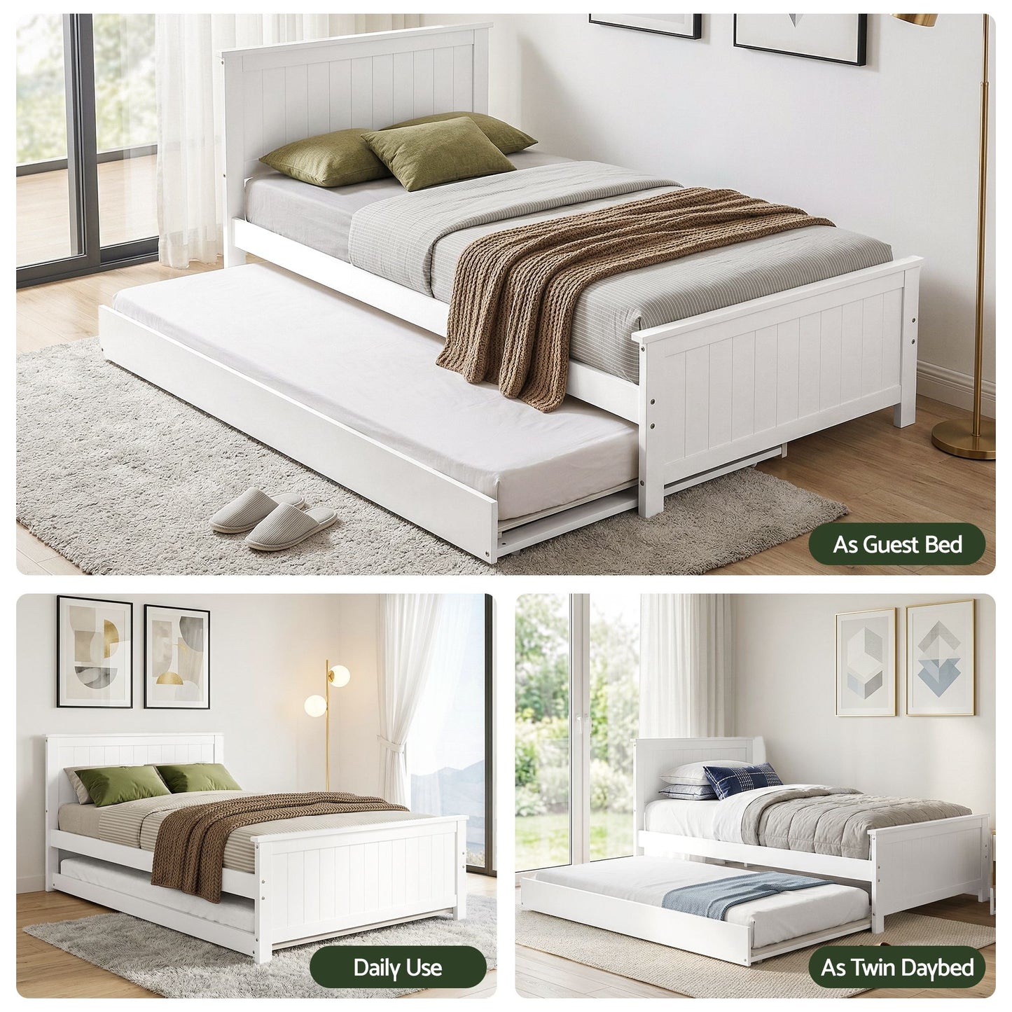 Malta Bed Frame with Trundle Solid Wood Toddler Bunk Bed with Headboard - White Single