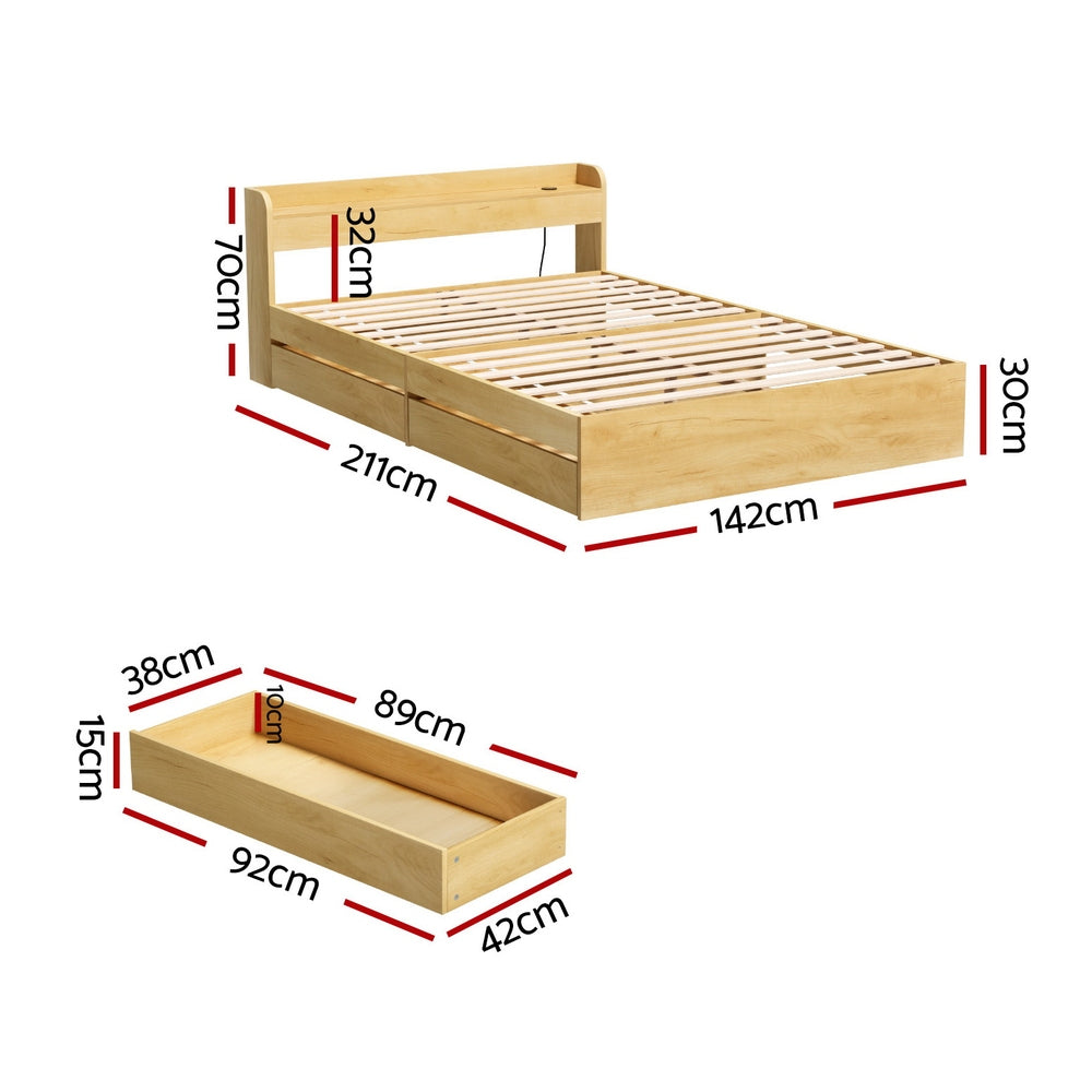Bari Bed Frame with Charging Ports and 2 Drawers - Wood Double