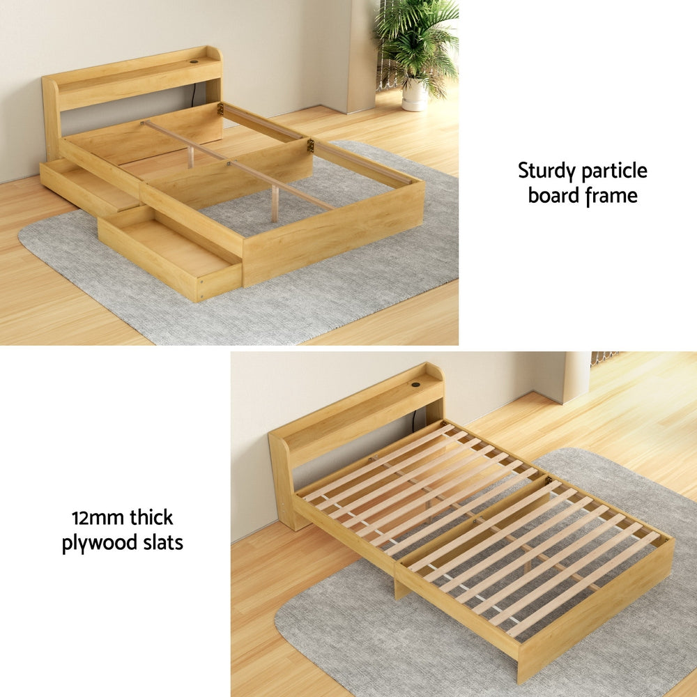 Bari Bed Frame with Charging Ports and 2 Drawers - Wood Double