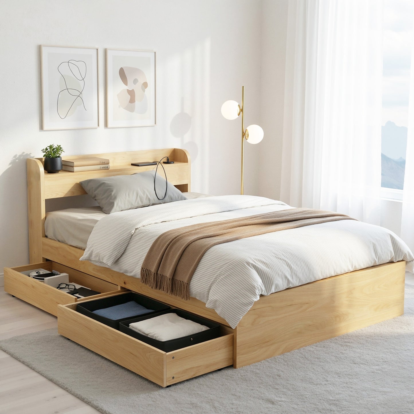 Maeve Bed Frame with 2 Drawers Platform Bed with Headboard Bed Base with USB Ports - Natural King Single