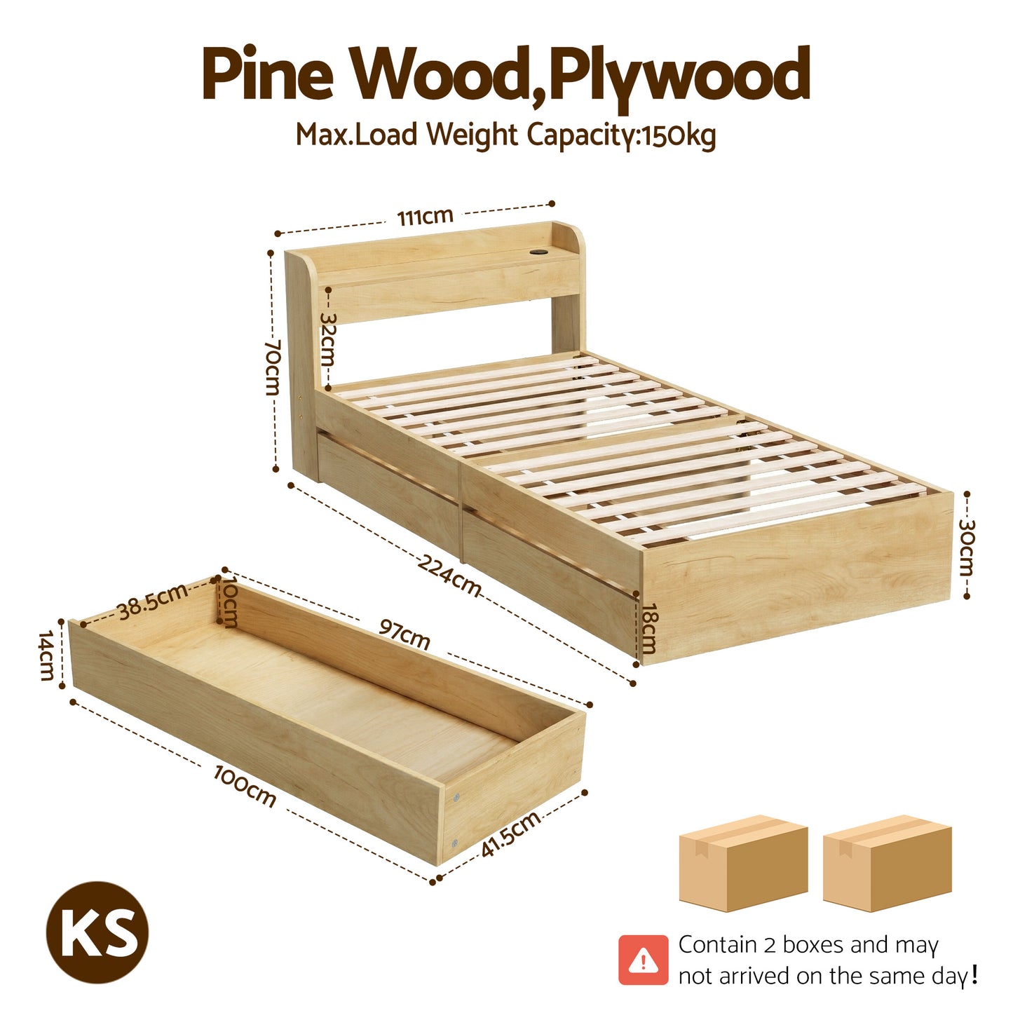 Maeve Bed Frame with 2 Drawers Platform Bed with Headboard Bed Base with USB Ports - Natural King Single