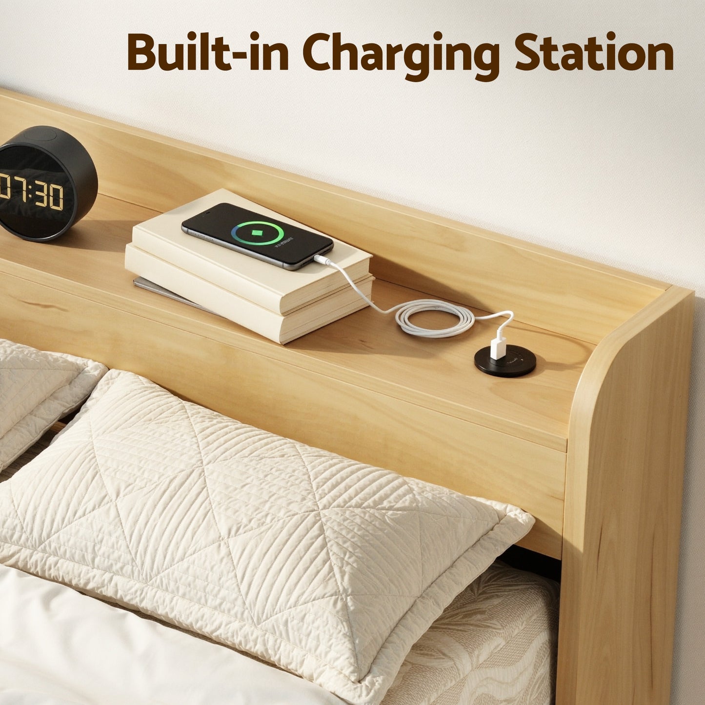 Maeve Bed Frame with 2 Drawers Platform Bed with Headboard Bed Base with USB Ports - Natural King Single