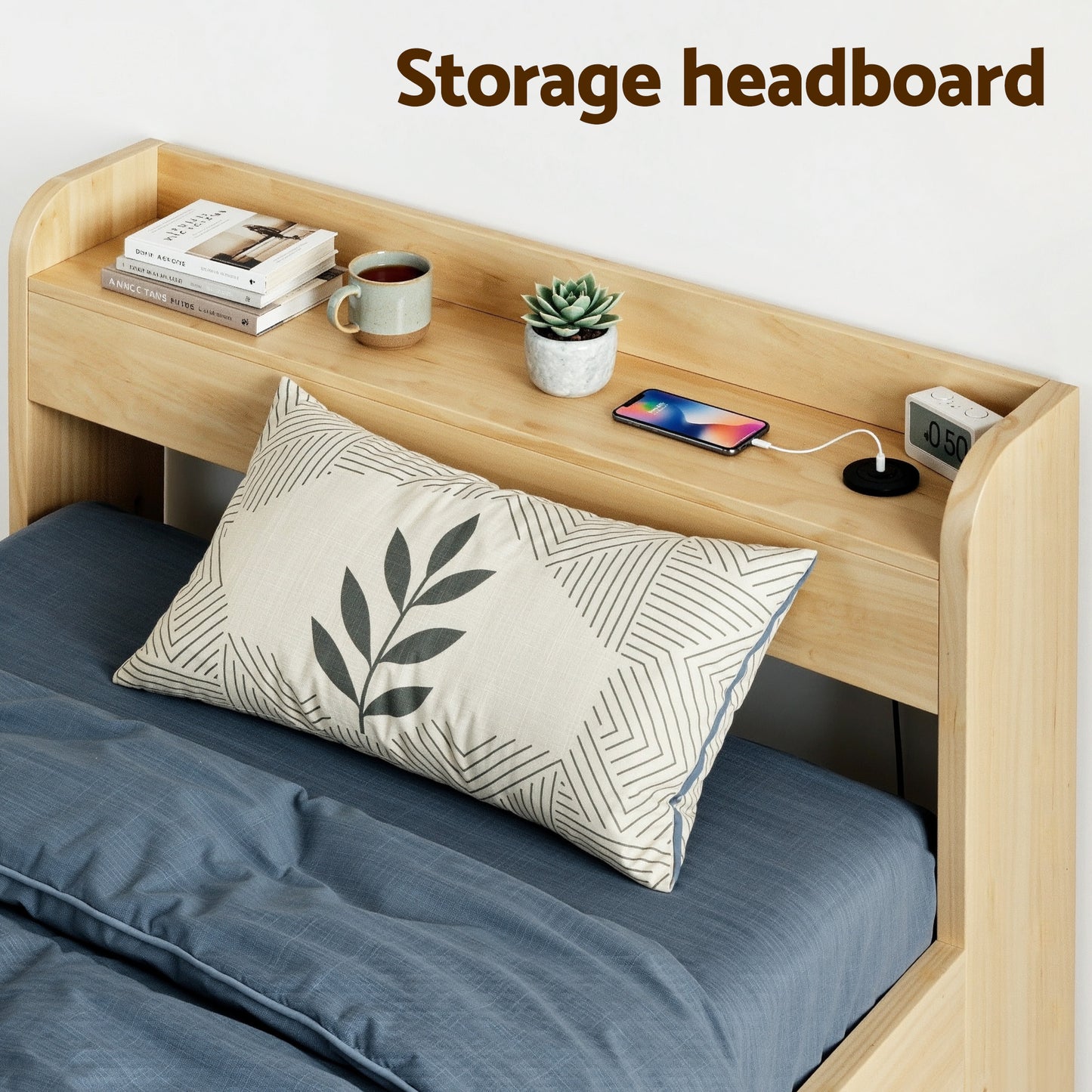Maeve Bed Frame with 2 Drawers Platform Bed with Headboard Bed Base with USB Ports - Natural King Single
