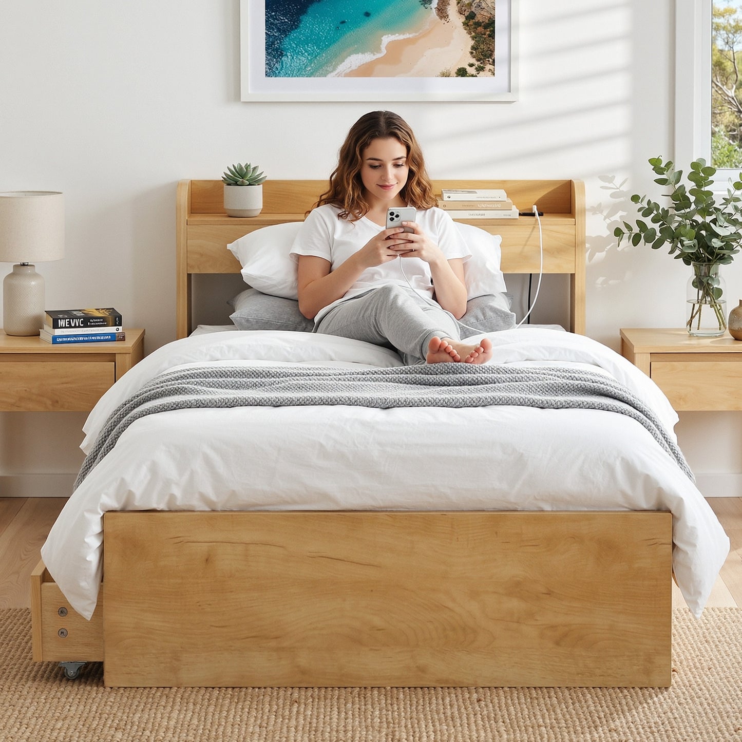 Maeve Bed Frame with 2 Drawers Platform Bed with Headboard Bed Base with USB Ports - Natural King Single