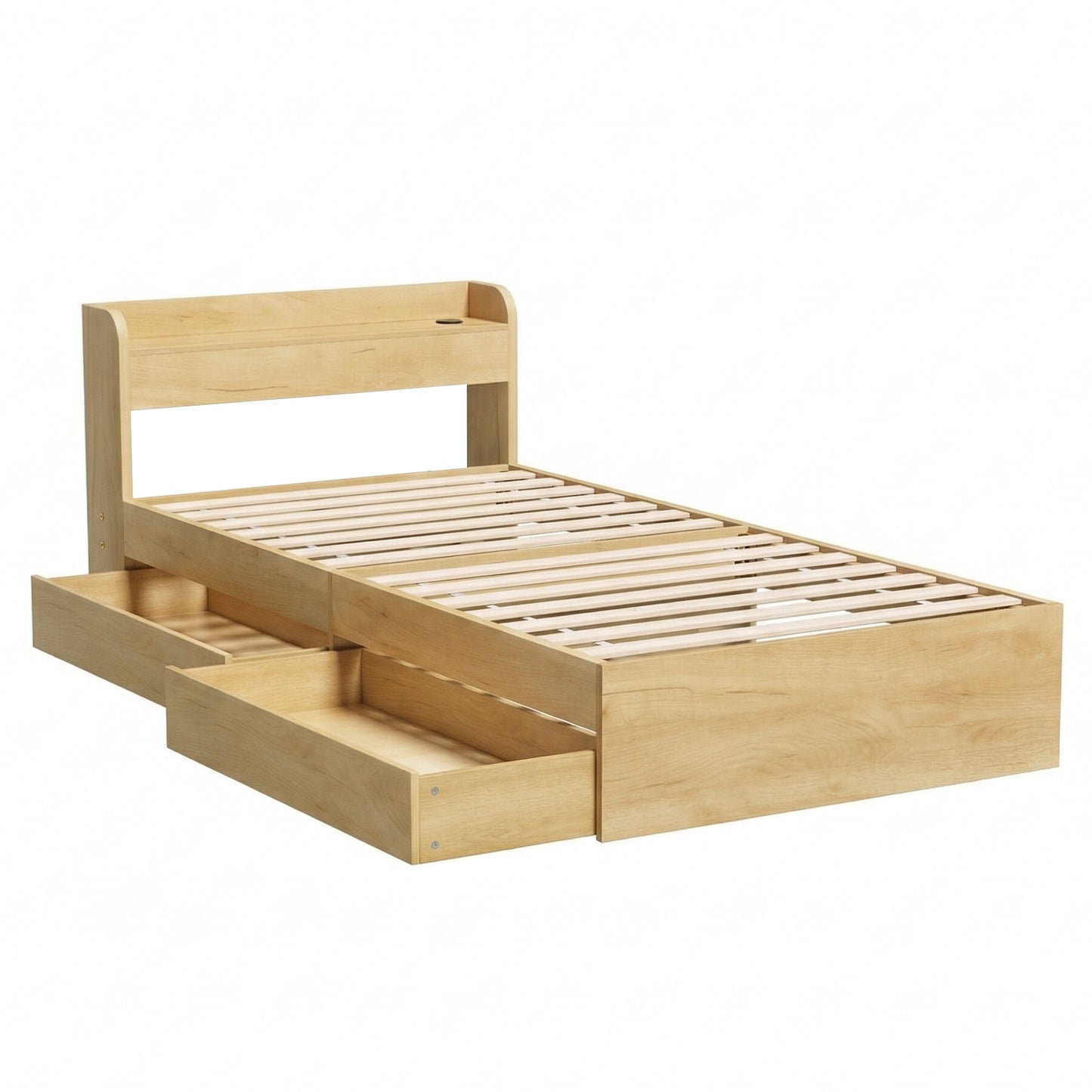 Maeve Bed Frame with 2 Drawers Platform Bed with Headboard Bed Base with USB Ports - Natural King Single