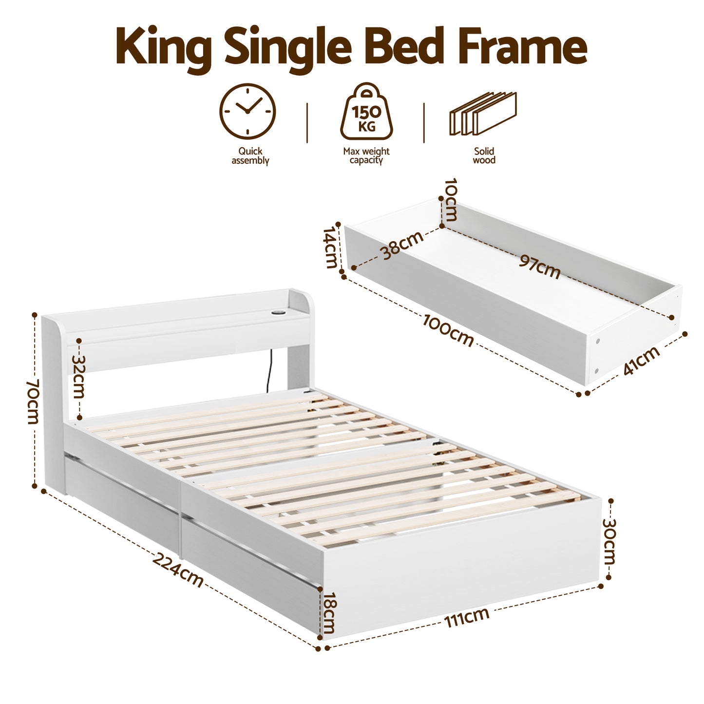 Maeve Bed Frame with Charging Ports and 2 Drawers - White King Single