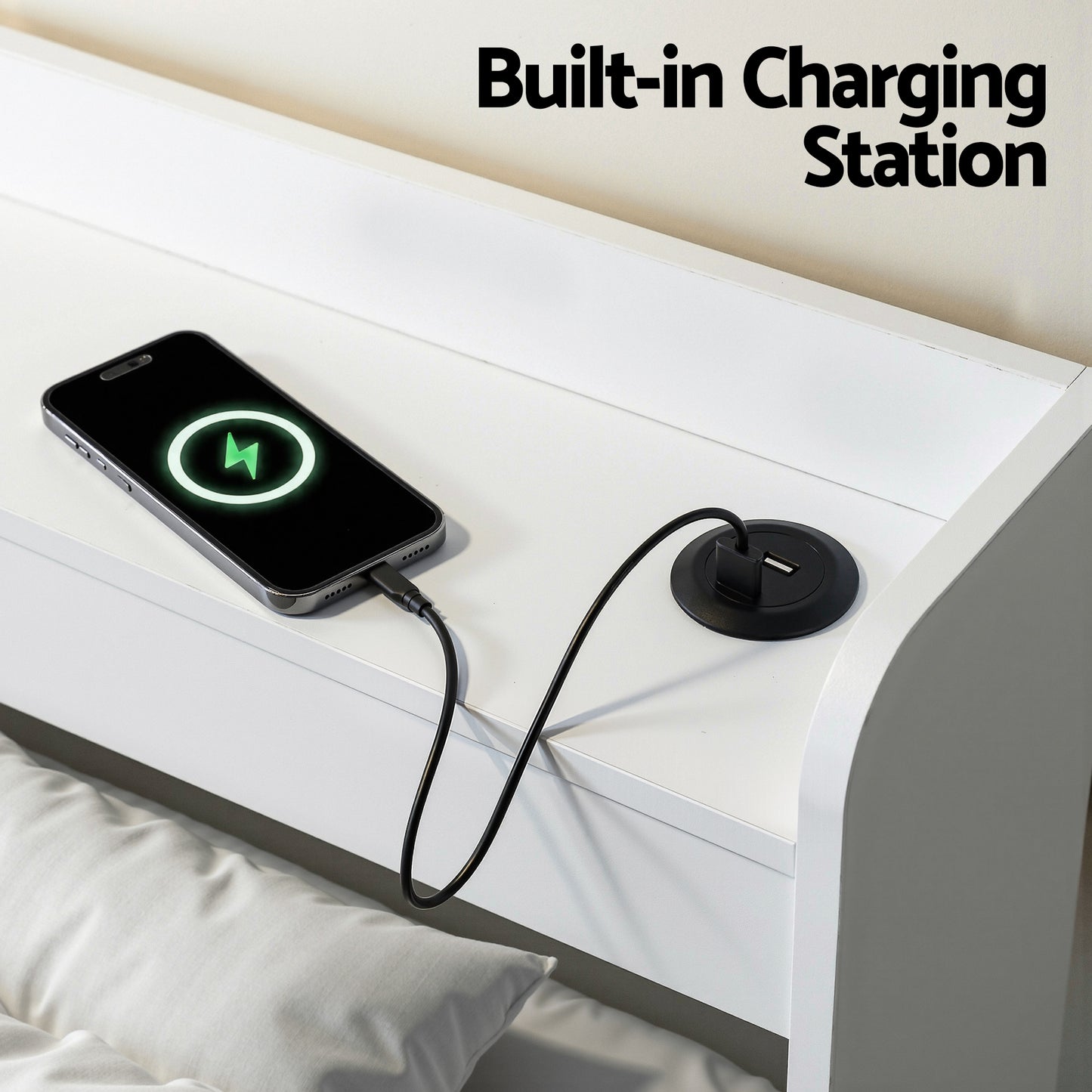 Maeve Bed Frame with Charging Ports and 2 Drawers - White King Single