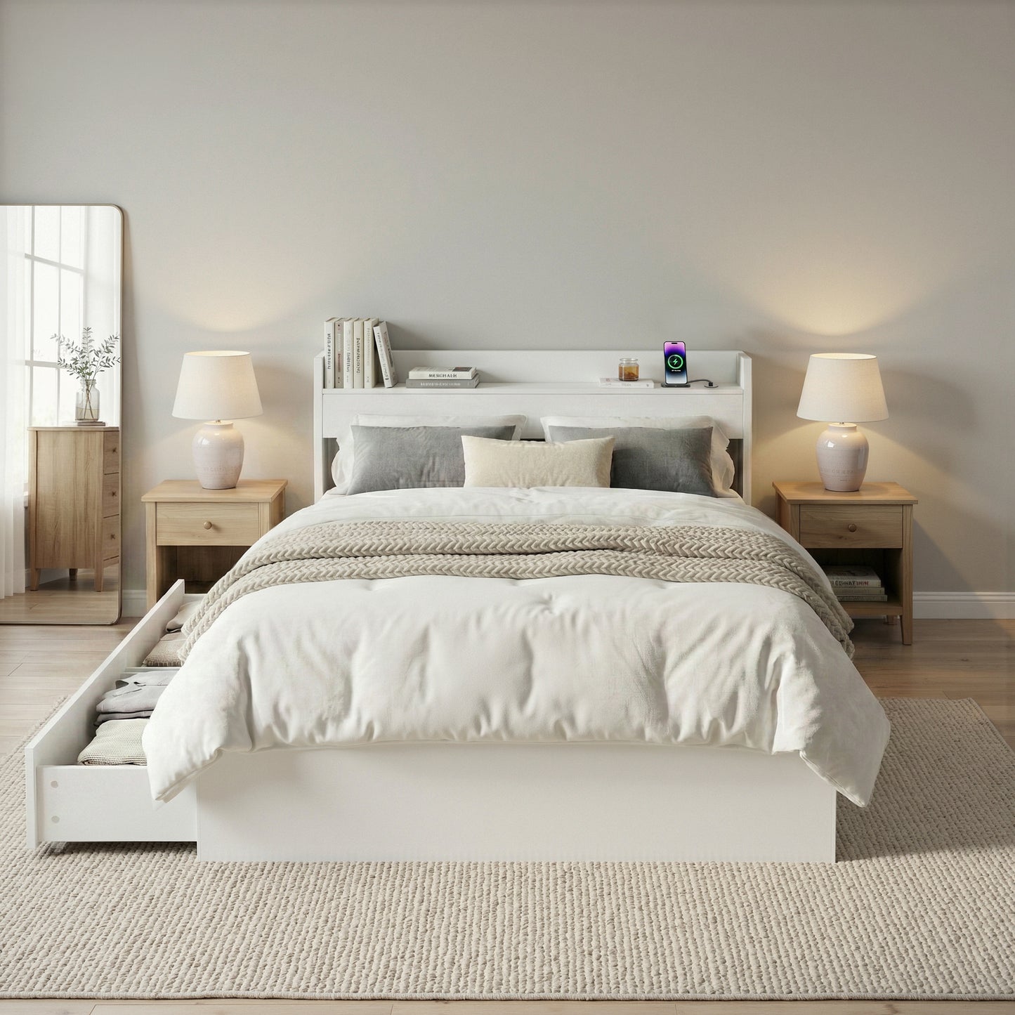 Maeve Bed Frame with Charging Ports and 2 Drawers - White King Single