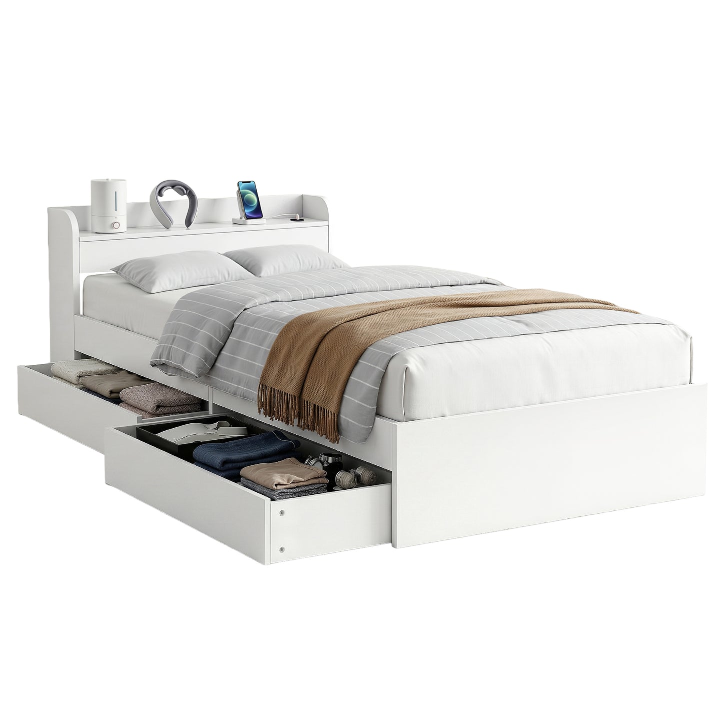 Maeve Bed Frame with Charging Ports and 2 Drawers - White King Single