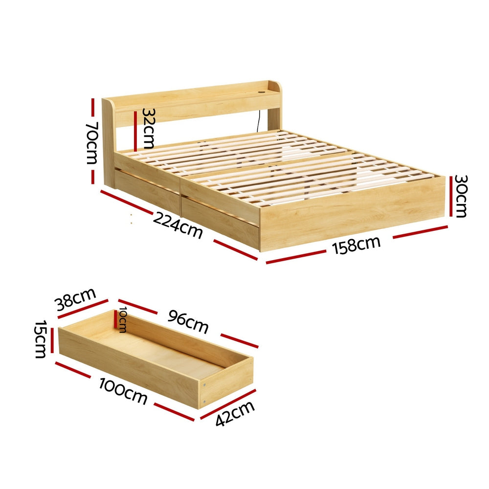 Bari Bed Frame with Charging Ports and 2 Drawers - Wood Queen