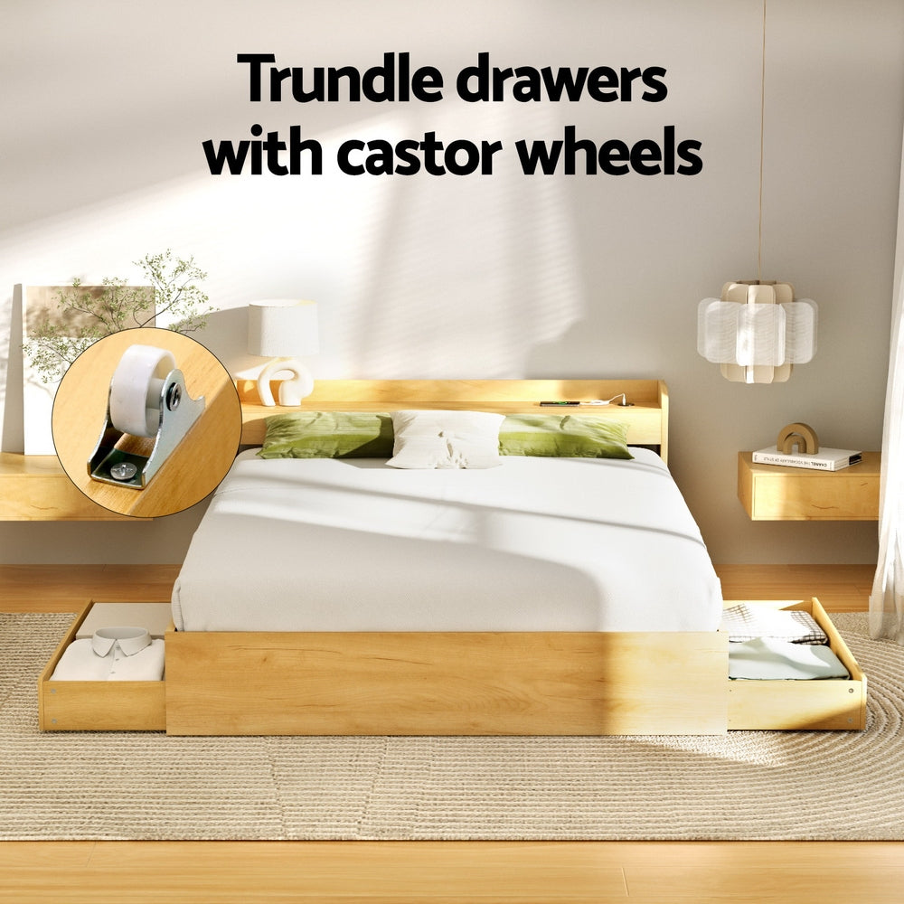 Bari Bed Frame with Charging Ports and 2 Drawers - Wood Queen