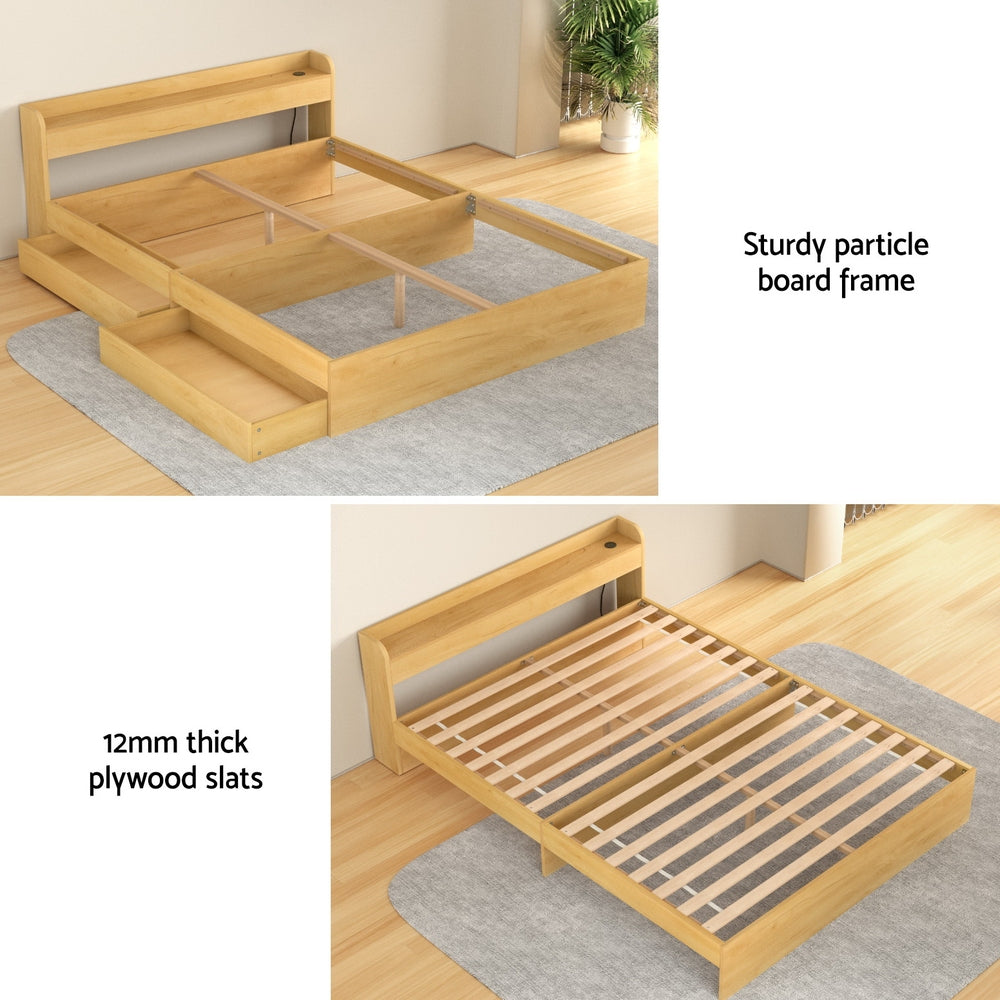 Bari Bed Frame with Charging Ports and 2 Drawers - Wood Queen