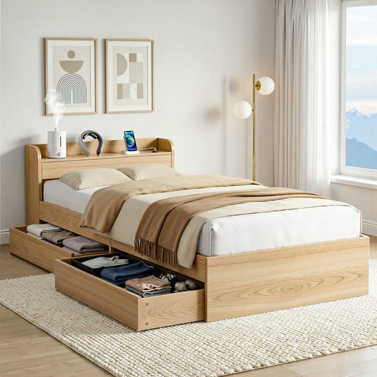 Maeve Bed Frame with 2 Storage Drawers Platform Bed Base with USB Ports Sturdy Wooden Slat Support - Natural Single