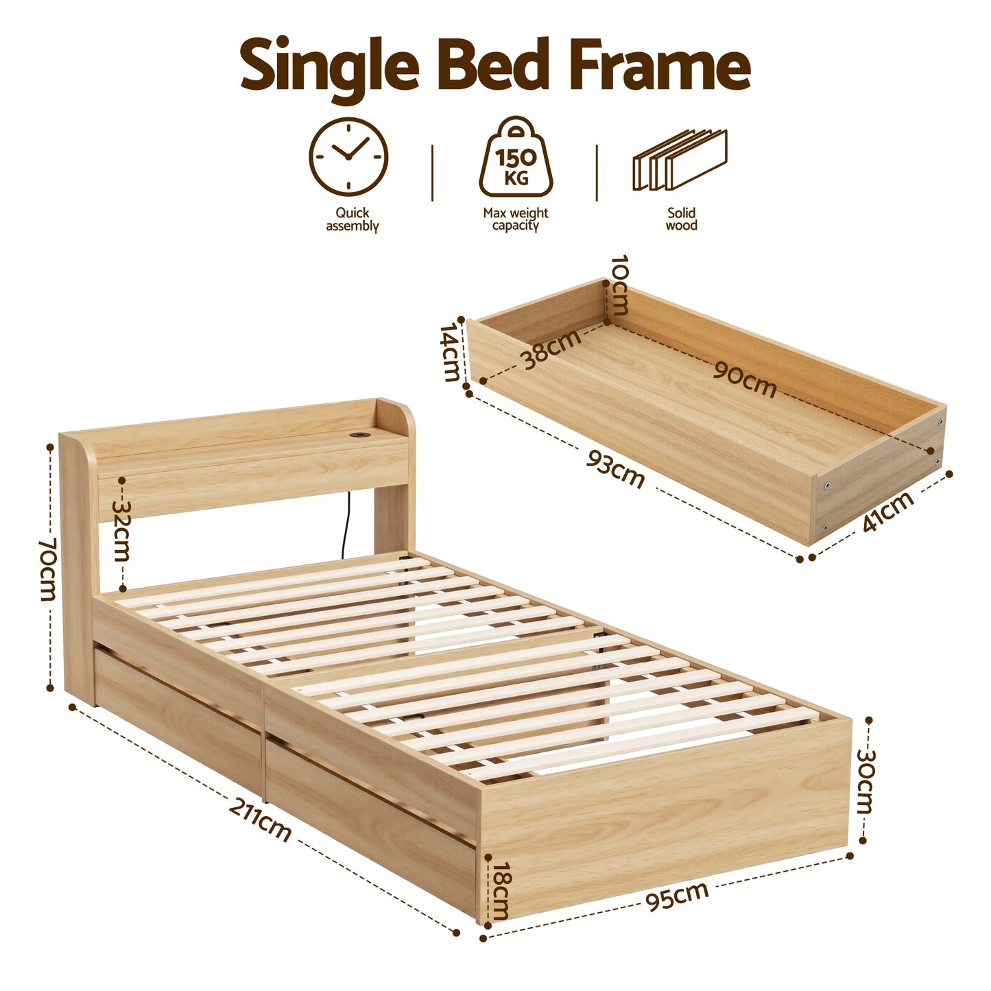 Maeve Bed Frame with 2 Storage Drawers Platform Bed Base with USB Ports Sturdy Wooden Slat Support - Natural Single