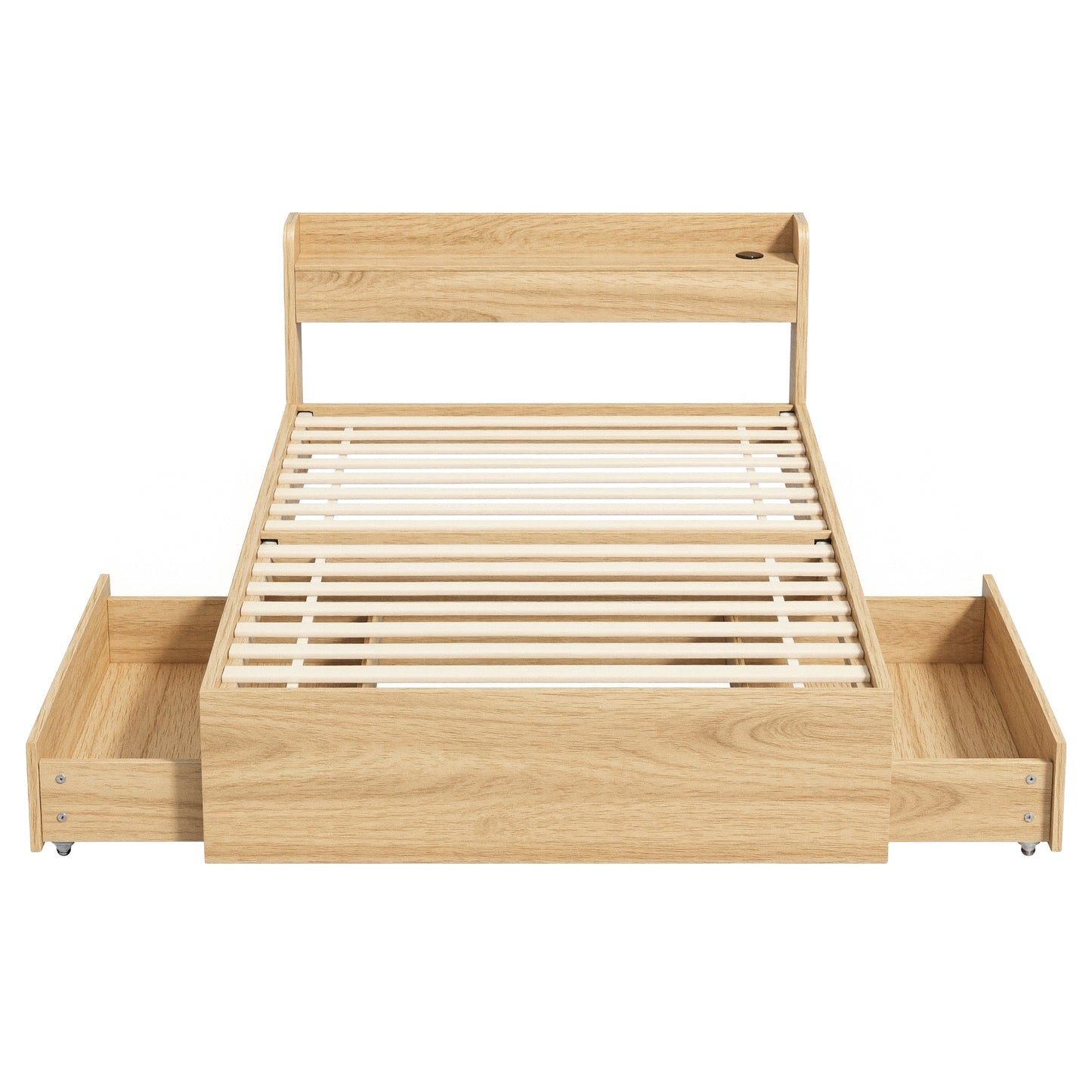 Maeve Bed Frame with 2 Storage Drawers Platform Bed Base with USB Ports Sturdy Wooden Slat Support - Natural Single
