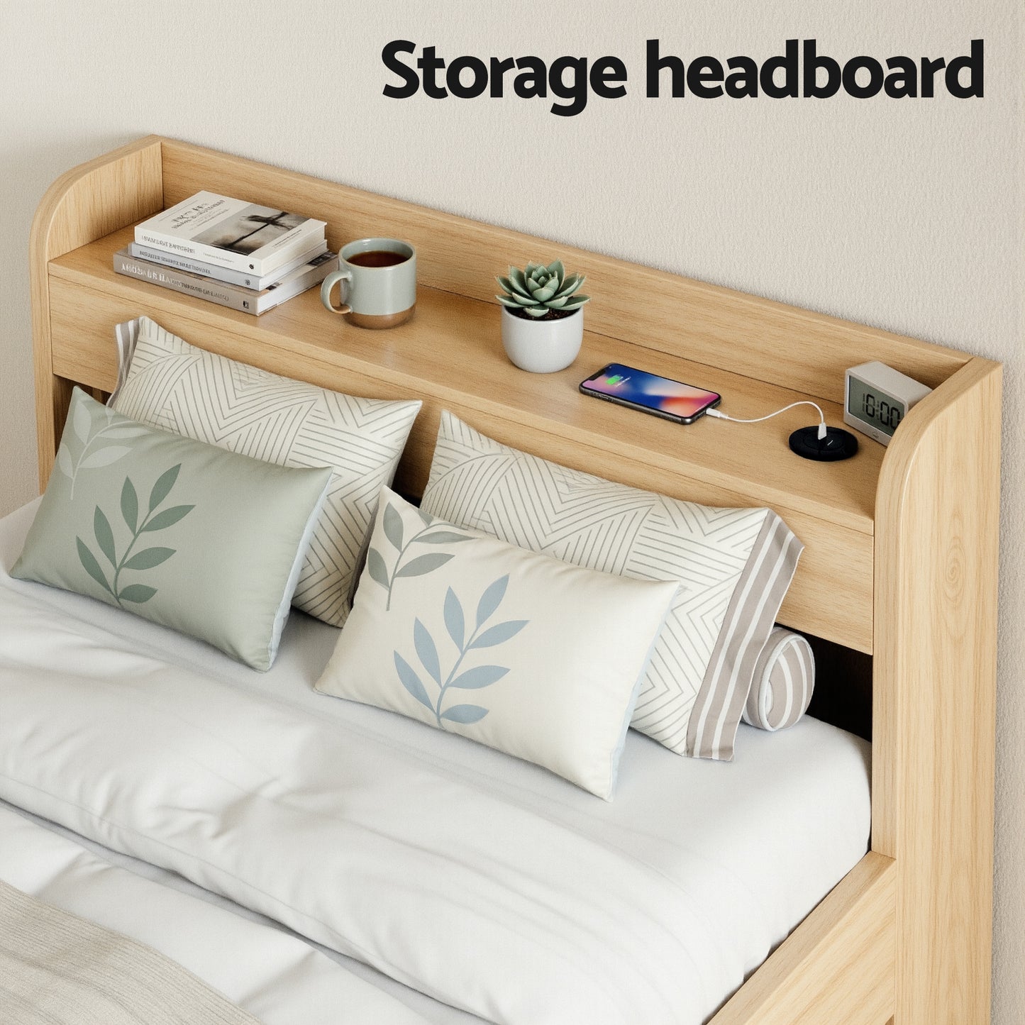 Maeve Bed Frame with 2 Storage Drawers Platform Bed Base with USB Ports Sturdy Wooden Slat Support - Natural Single