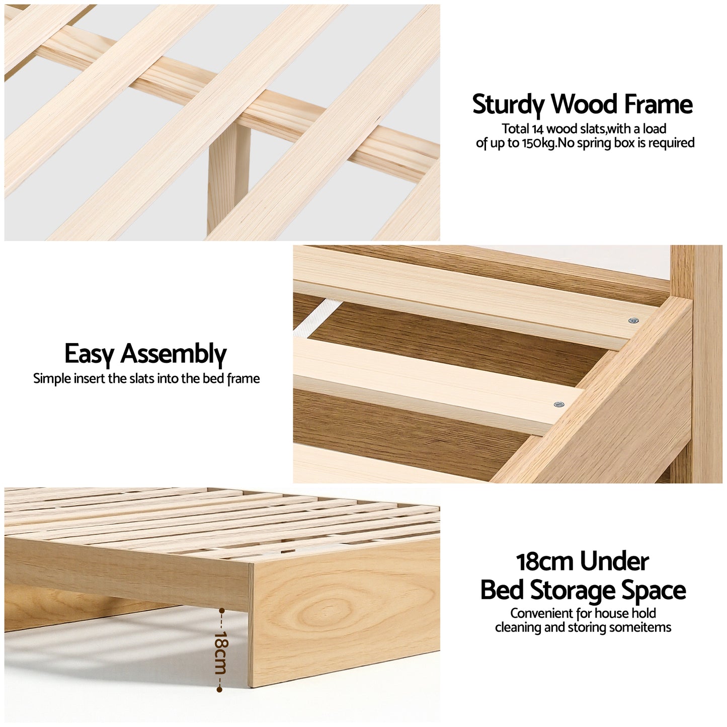 Maeve Bed Frame with 2 Storage Drawers Platform Bed Base with USB Ports Sturdy Wooden Slat Support - Natural Single