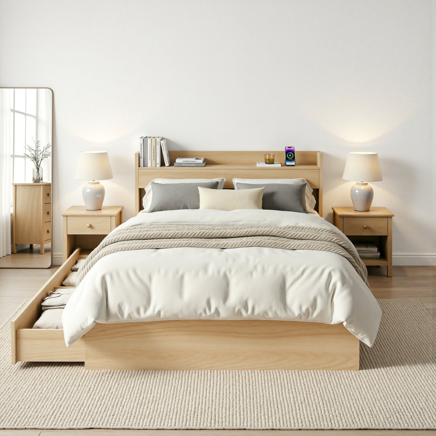Maeve Bed Frame with 2 Storage Drawers Platform Bed Base with USB Ports Sturdy Wooden Slat Support - Natural Single