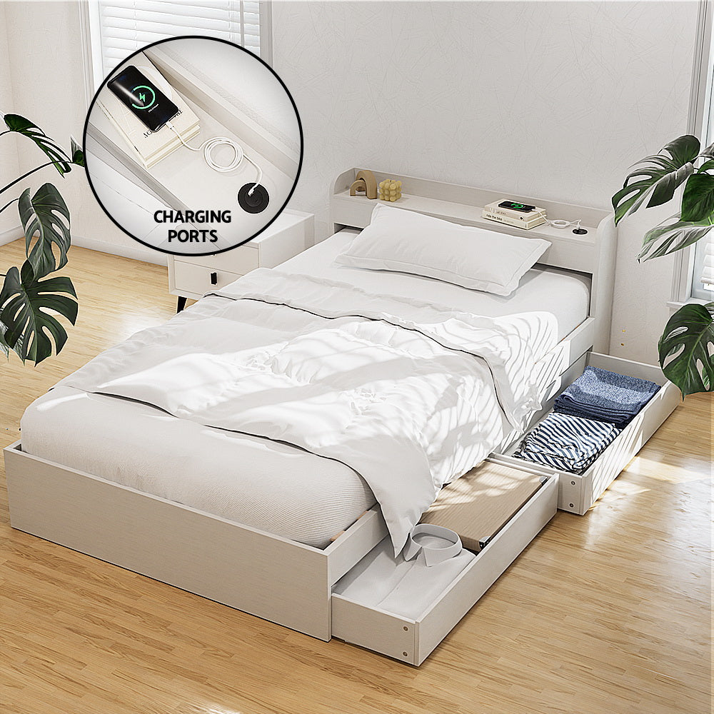 Maeve Bed Frame with Charging Ports and 2 Drawers - White Single