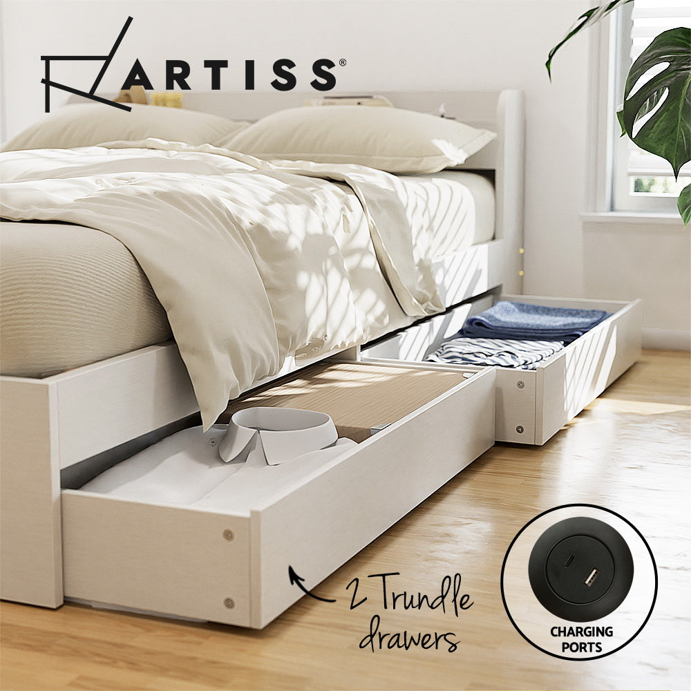 Maeve Bed Frame with Charging Ports and 2 Drawers - White Single