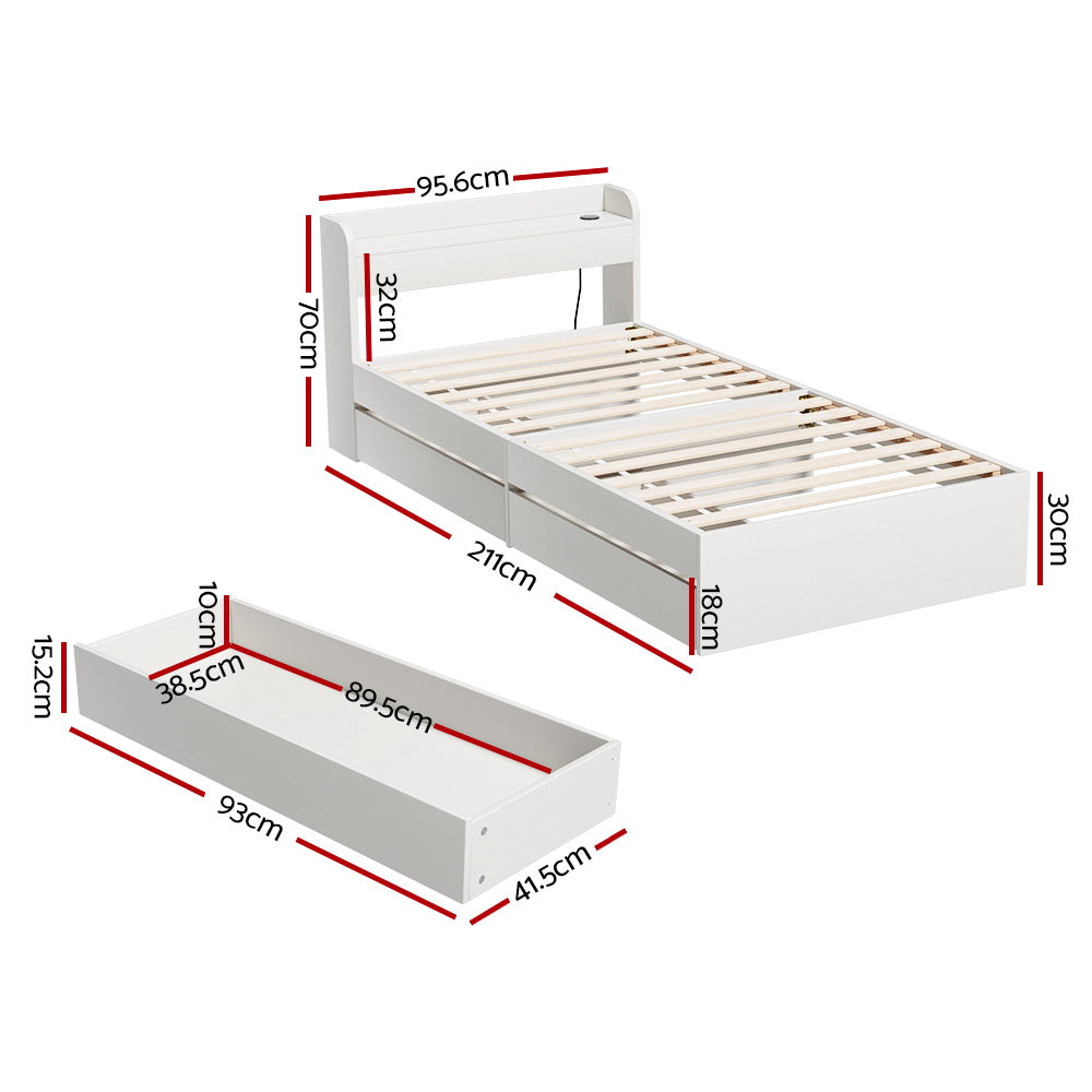 Maeve Bed Frame with Charging Ports and 2 Drawers - White Single